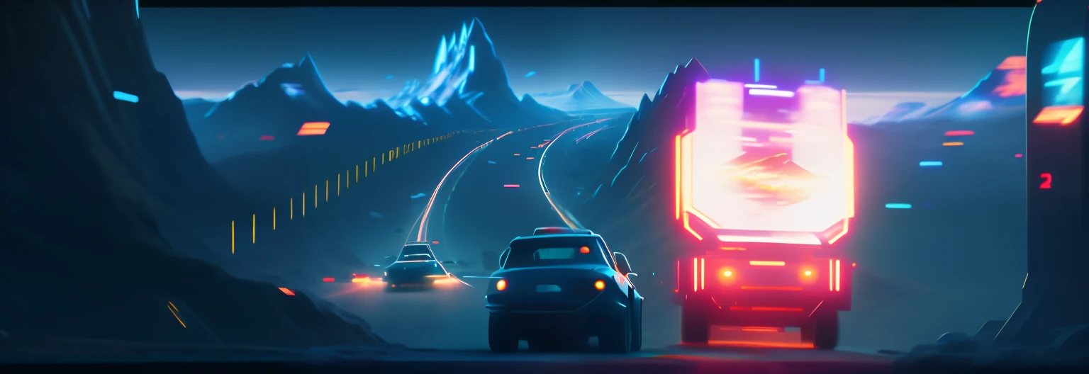 Close-up on the highway,The background is the mountain, 2077, 2 0 7 7, 2030, 2070, 2049, light transport simulation, conceito, 2050, music video, YouTube video screenshots, author:Mike Winckelman, author:Adam Maczynski, Futuristic