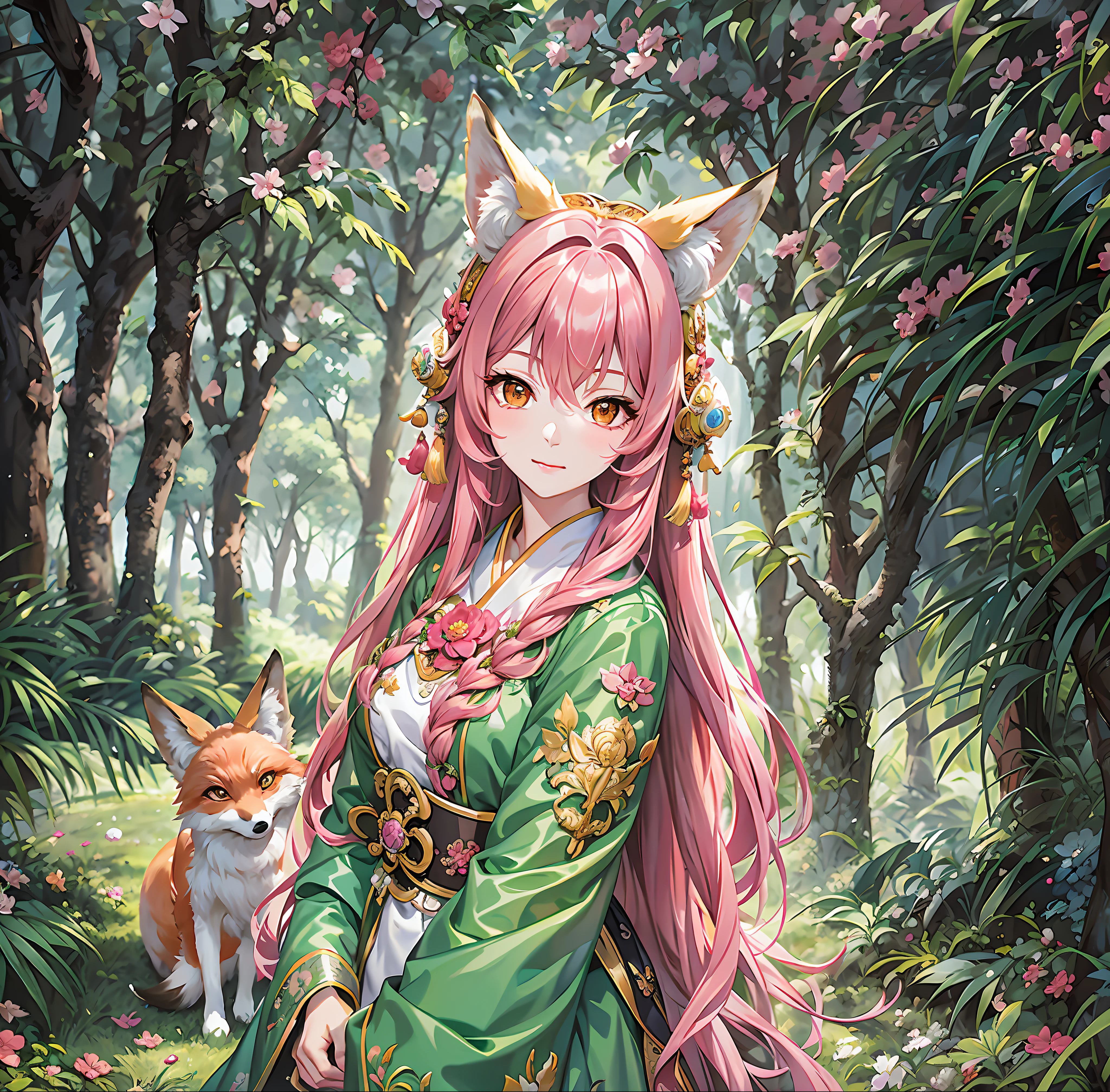 (Masterpiece:1.2, Best quality), (Very detailed face, Intricate details),Casual,，one-girl，Pink hair，a fox，Girl with fox ears，Cyan clothes，Raised sexy，depth of fields，film effect，llight rays