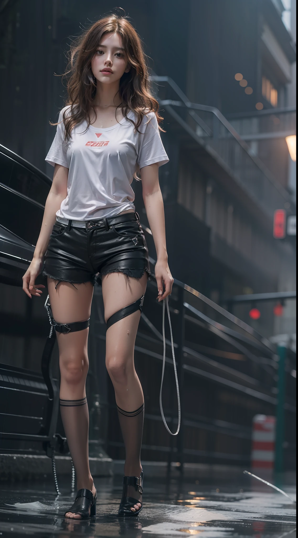 Beautiful woman with wavy hair,Delicate and charming eyes with notched thighs,long sexy legs,Wear a small shorts T-shirt,Beautiful futuristic cyberpunk + 城市,thin fog,soggy,rained,A masterpiece of the best quality,realisticlying,A detailed,8k,HDR,shallowdepthoffield,Wide light,High contrast,Contre-Jour,Flood,Flash,color difference,Sharp focus,RAW color photo,tmasterpiece,perfect hand