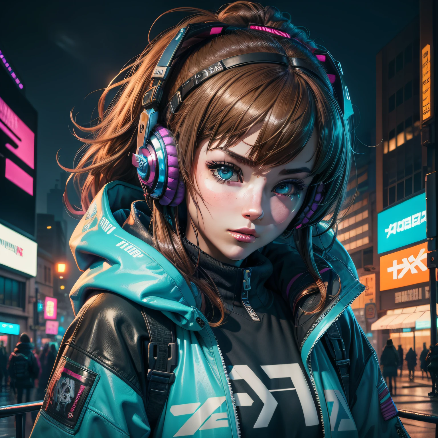Best quality at best,illustratio,Girl wearing headphones and jacket in the city, Digital cyberpunk, cyber punk Girl,, Female cyberpunk girl, Cyberpunk girl wearing hoodie, Digital cyberpunk, Cyberpunk art of a, Cyberpunk art of a,8K,Konachan wallpaper, dreamy cyberpunk girl, Cyberpunk Girl Mech,Smooth and flawless face,blue colors