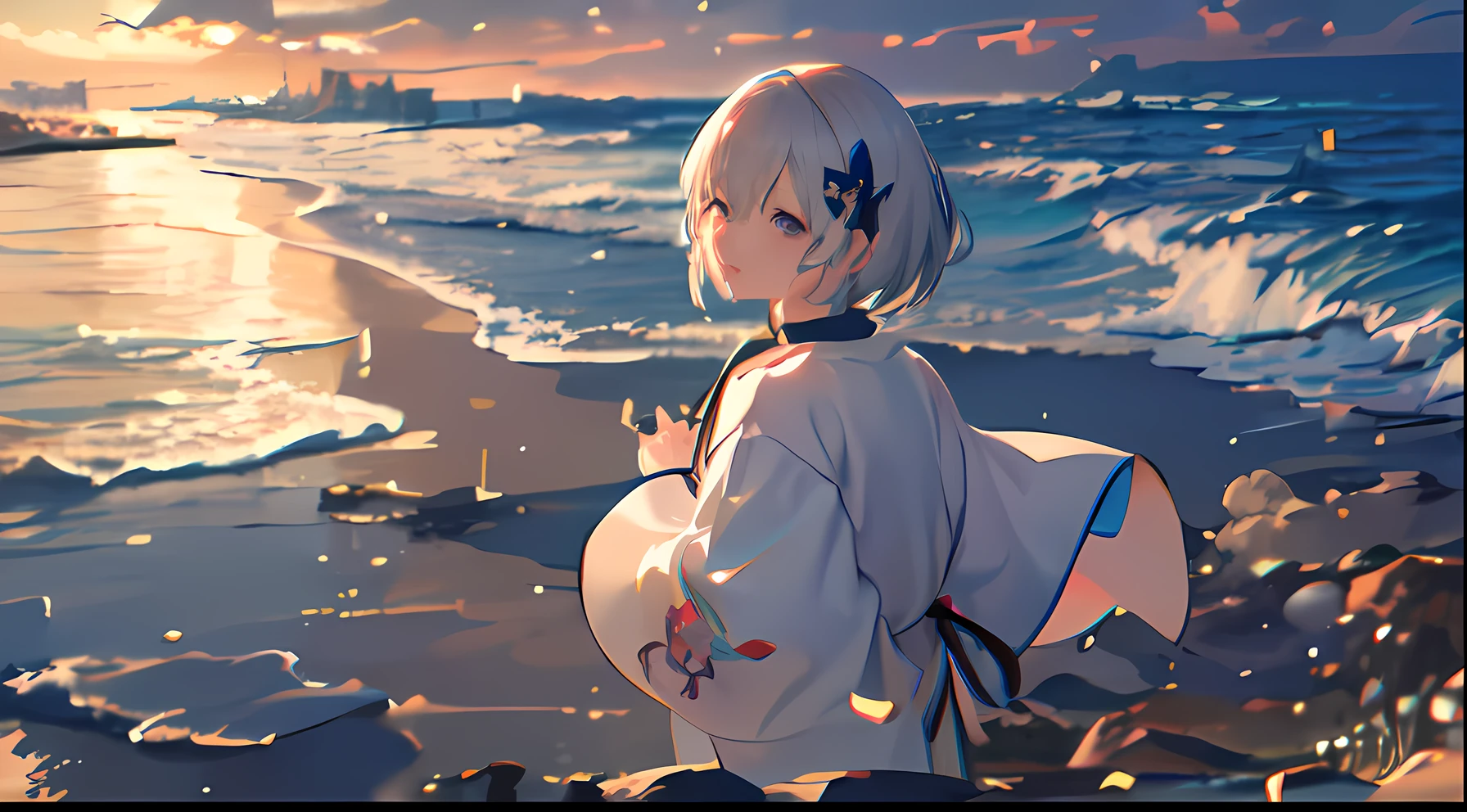超A high resolution、masterpiece、(portlate)、animesque、Silver Shorthair、eyes are brown、One eye is hidden by hair、a choker、Floral hair ornament、robe blanche, Colorful sea、Under the sea、Highly detailed official artwork of the sandy beach, digital art on pixiv