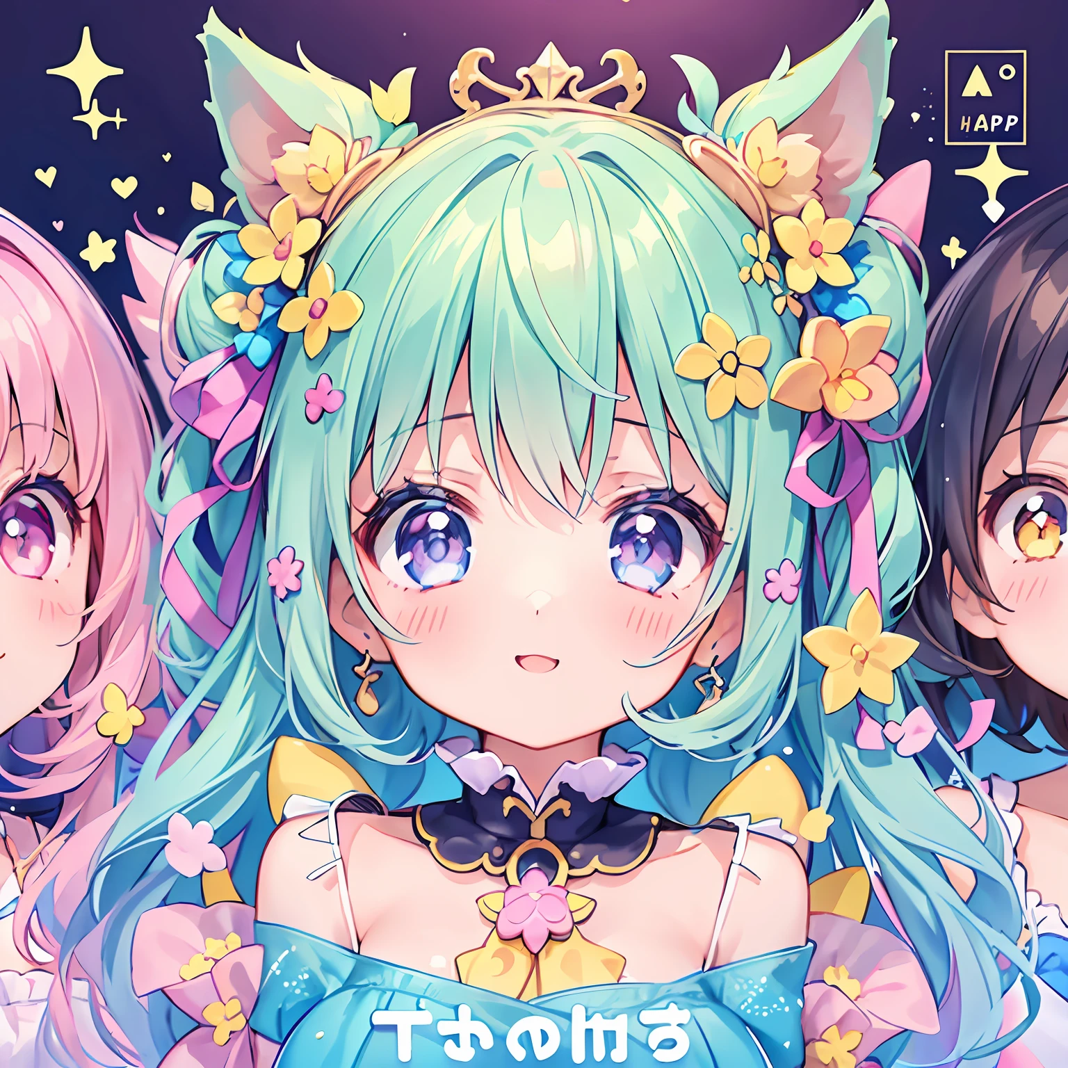 masterpiece, (2girls and 2girls and 2girls and 2girls), idol, closeup, big eyes, kawaiitech, kawaii, cute, pastel colors, best quality, happy, deep background, symmetrical, tilted head, summer, cover, title