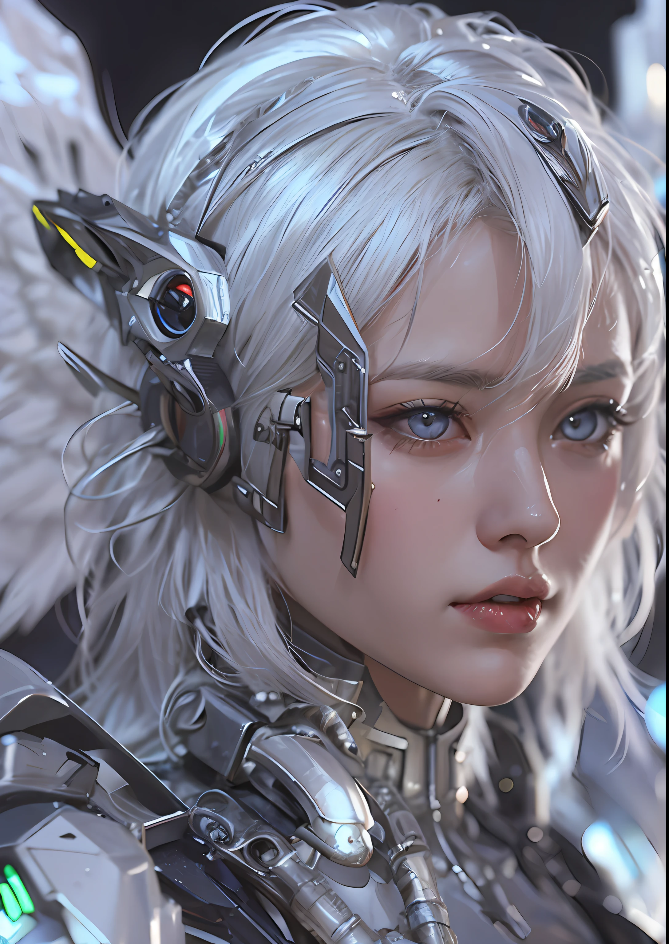 top-quality、masterpiece、超A high resolution、(Photorealsitic:1.4)、Raw photo、Cyborg Angel、large wings made of metal、White porcelain body、white hair、glowy skin、1 Cyborg Girl、((super realistic details))、portlate、globalillumination、Shadow、octan render、8K、ultrasharp、character edge light,Colossal tits、Raw skin is exposed in cleavage、Details of complex ornaments、Transparent clear parts、Detailed hydraulic cylinders from Sumer、Small LED lamp、highly intricate detail、Realistic light、a purple eye、radiant eyes、Facing the camera、neon details、cowboy shot、Futuristic headgear、About Cyberpunk、、
