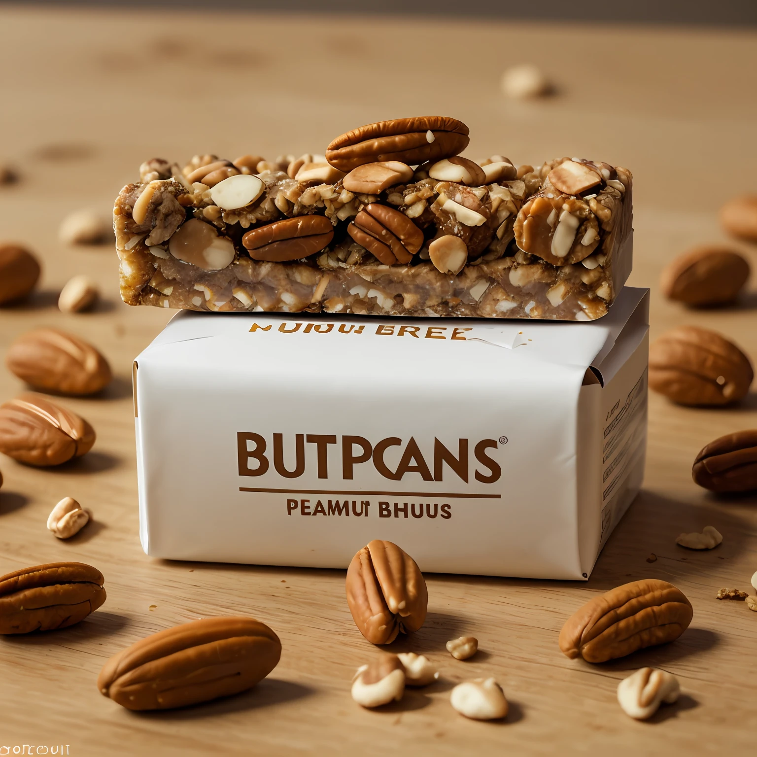 RAW photo, Image centered on a packaged protein bar, Nut chunks flying out of the middle, There are a lot of peanut chunks around, Splashed milk, Food photography, Professional shades, no contrast, sharp and clear focus, Food photography