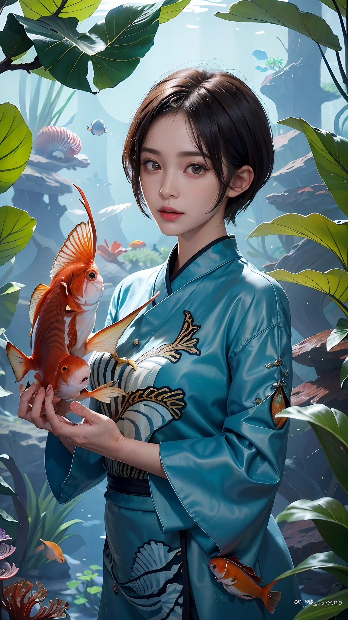 (((30-year-old woman with)))、((aquariums))、masterpiece, 1 beautiful girls, (((very_Short_hair))), Eye details, Swollen eyes, Top image quality, 超A high resolution, (Realistis: 1.4), OriginalPhotographs, 1girl in, Cinematographic lighting, japanes, very beautif, Beautiful skins, (A hyper-realistic), (hight resolution), (8 K), (ighly detailed), (The best illustrations), (beautifully detailed eyes), (ultra-detailliert), A detailed face, look at a camera, Facing straight ahead, Neat Clothing, shorth hair、A dark-haired、46-point diagonal bangs、((aquariums))、Lots of fish、(((tropical fish)))