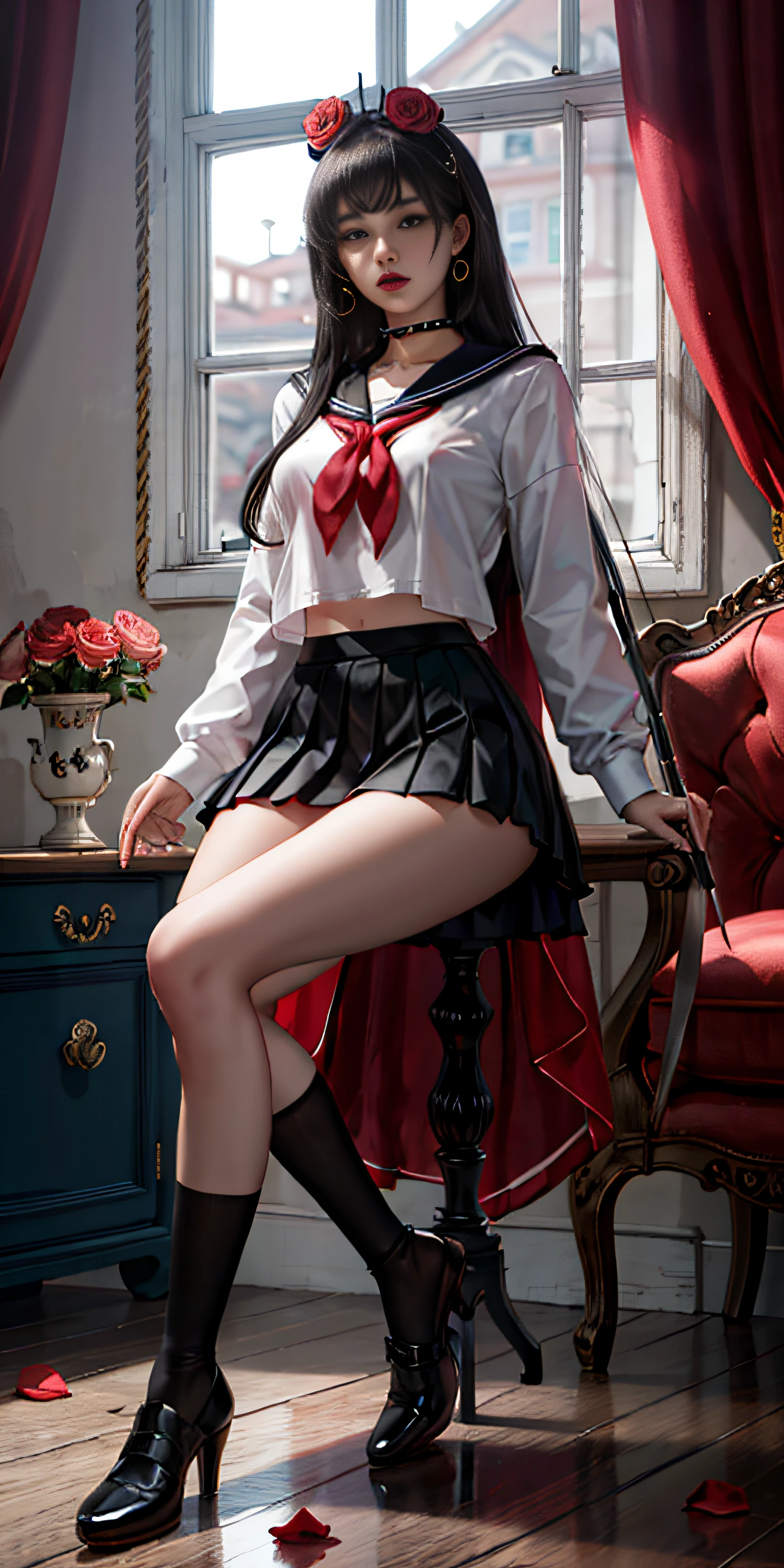Super beautiful eyes、camellia, florals, red_flower, red_rose, rose, knifes, 1girl in, pink_rose, pink_flower, spider_lily, shoe, long_hair, school_uniform, serafuku, scabbard, skirt by the, 独奏, sheathed, vases, looking_at_viewer, sitting on, orange_flower, pleated_skirt, rose_petals, black_shirt, black_legwear, black_skirt, hibiscus, very_long_hair, parted_lips, lowfers, sailor_collar, black_hair, neckerchief