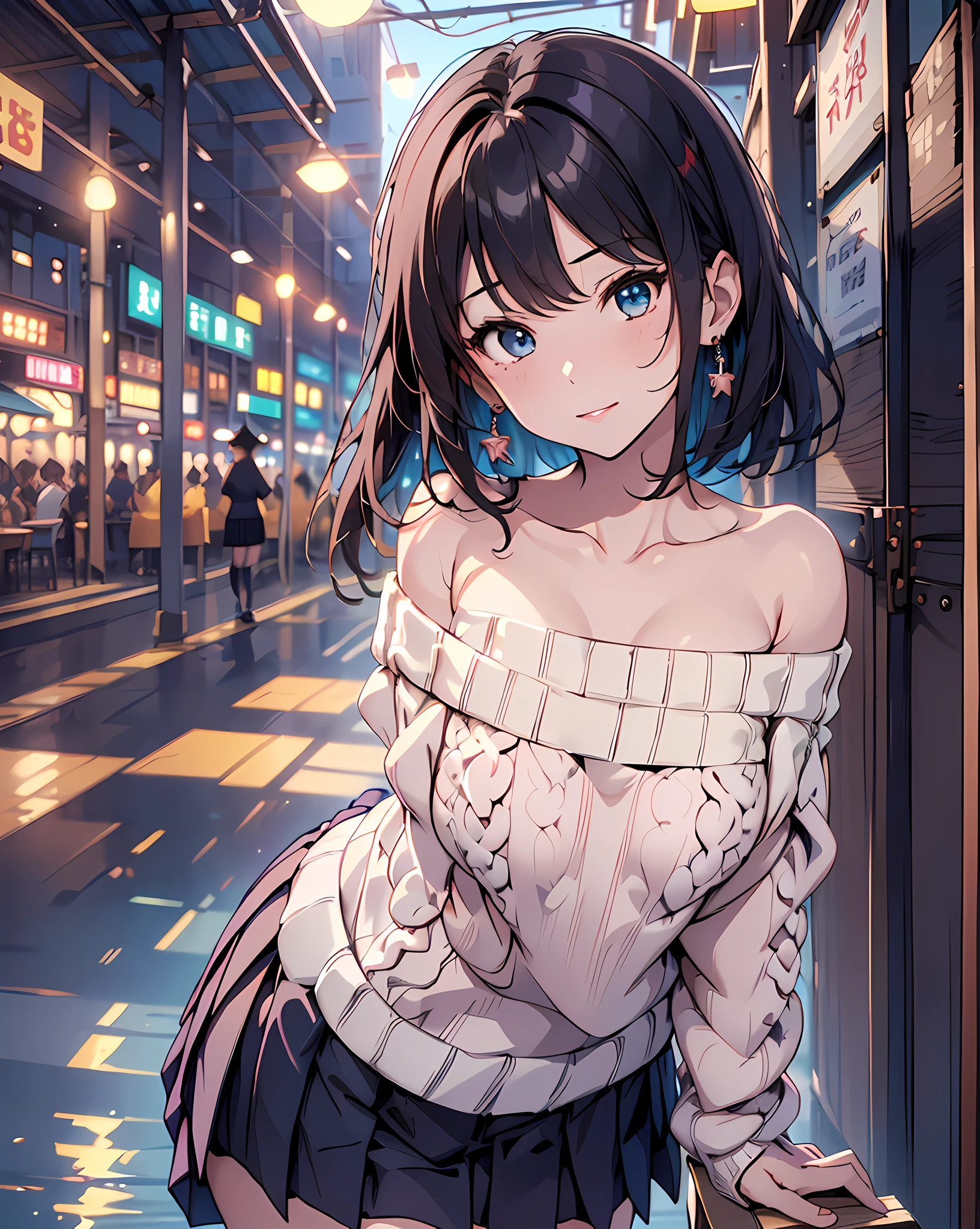 (masterpiece, best quality:1.37), highres, ultra-detailed, ultra-sharp, BREAK, Korean school idol, (((1girl:1.37, solo))), (beautiful anime face, cute face, detailed face), (black hair, thin hair, short hair, bangs, hime-cut), detailed beautiful cyan eyes, BREAK, ((detailed off-shoulder summer sweater:1.5), (detailed box-pleats short-skirt:1.5)), BREAk, lovely look, water melon earing, detailed clothes), light smile, closed mouth, parted lips, pink lipstick, BREAK, ((standing, leaning forward, arms behind back,:1.3, cowboy shot)), detailed human hands, HDTV:1.2, ((detailed station view background:1.3)), 8 life size, slender, anime style, anime style school girl, perfect anatomy, perfect proportion, inspiration from Kyoto animation and A-1 picture, late evening, excellent lighting, bright colors, clean lines, photorealistic