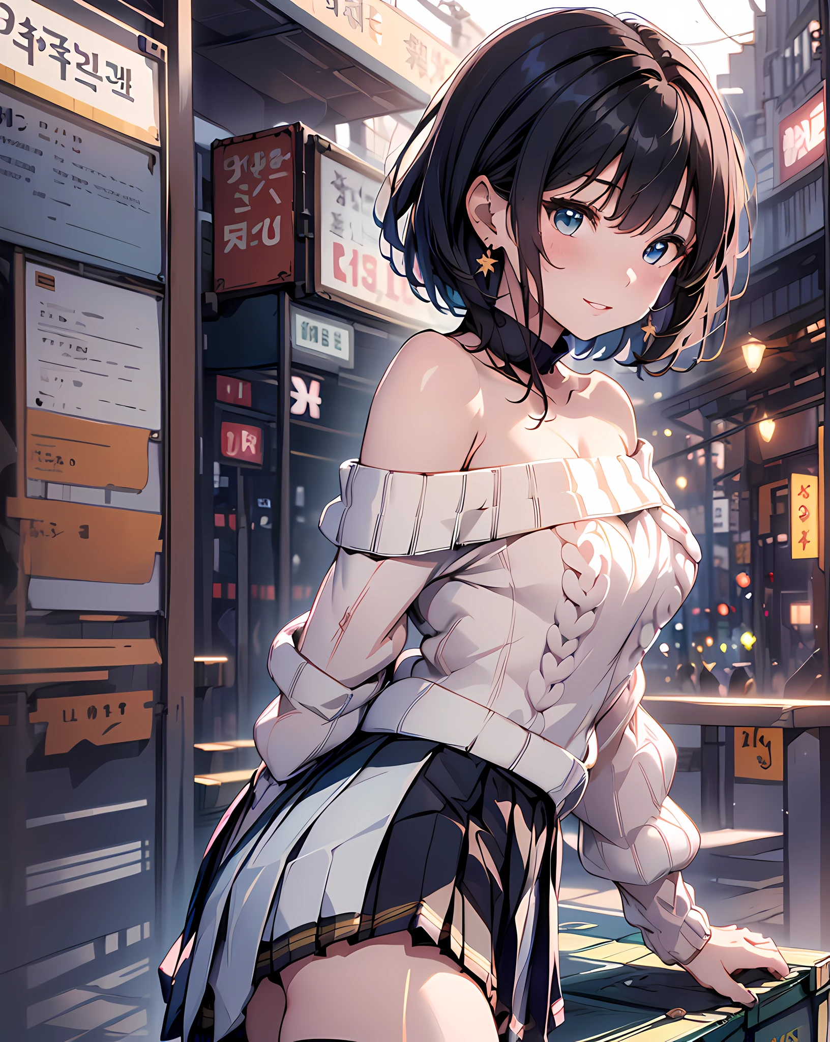 (masterpiece, best quality:1.37), highres, ultra-detailed, ultra-sharp, BREAK, Korean school idol, (((1girl:1.37, solo))), (beautiful anime face, cute face, detailed face), (black hair, thin hair, short hair, bangs, hime-cut), detailed beautiful cyan eyes, BREAK, ((detailed off-shoulder summer sweater:1.5), (detailed box-pleats short-skirt:1.5)), BREAk, lovely look, water melon earing, detailed clothes), light smile, closed mouth, parted lips, pink lipstick, BREAK, ((standing, leaning forward, arms behind back,:1.3, cowboy shot)), detailed human hands, HDTV:1.2, ((detailed station view background:1.3)), 8 life size, slender, anime style, anime style school girl, perfect anatomy, perfect proportion, inspiration from Kyoto animation and A-1 picture, late evening, excellent lighting, bright colors, clean lines, photorealistic