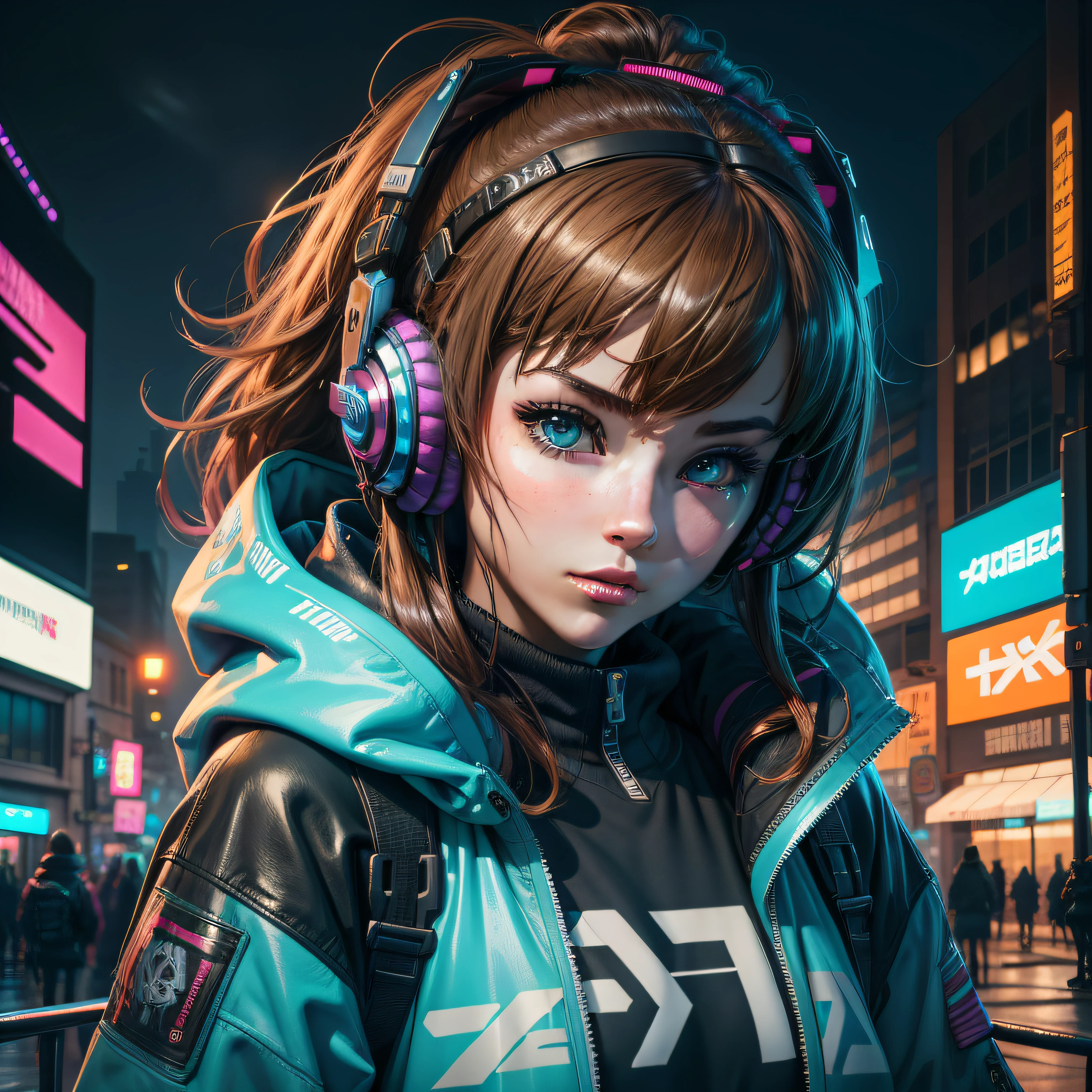 Best quality at best,illustratio,Girl wearing headphones and jacket in the city, Digital cyberpunk, cyber punk Girl,, Female cyberpunk girl, Cyberpunk girl wearing hoodie, Digital cyberpunk, Cyberpunk art of a, Cyberpunk art of a,8K,Konachan wallpaper, dreamy cyberpunk girl, Cyberpunk Girl Mech,Smooth and flawless face,blue colors