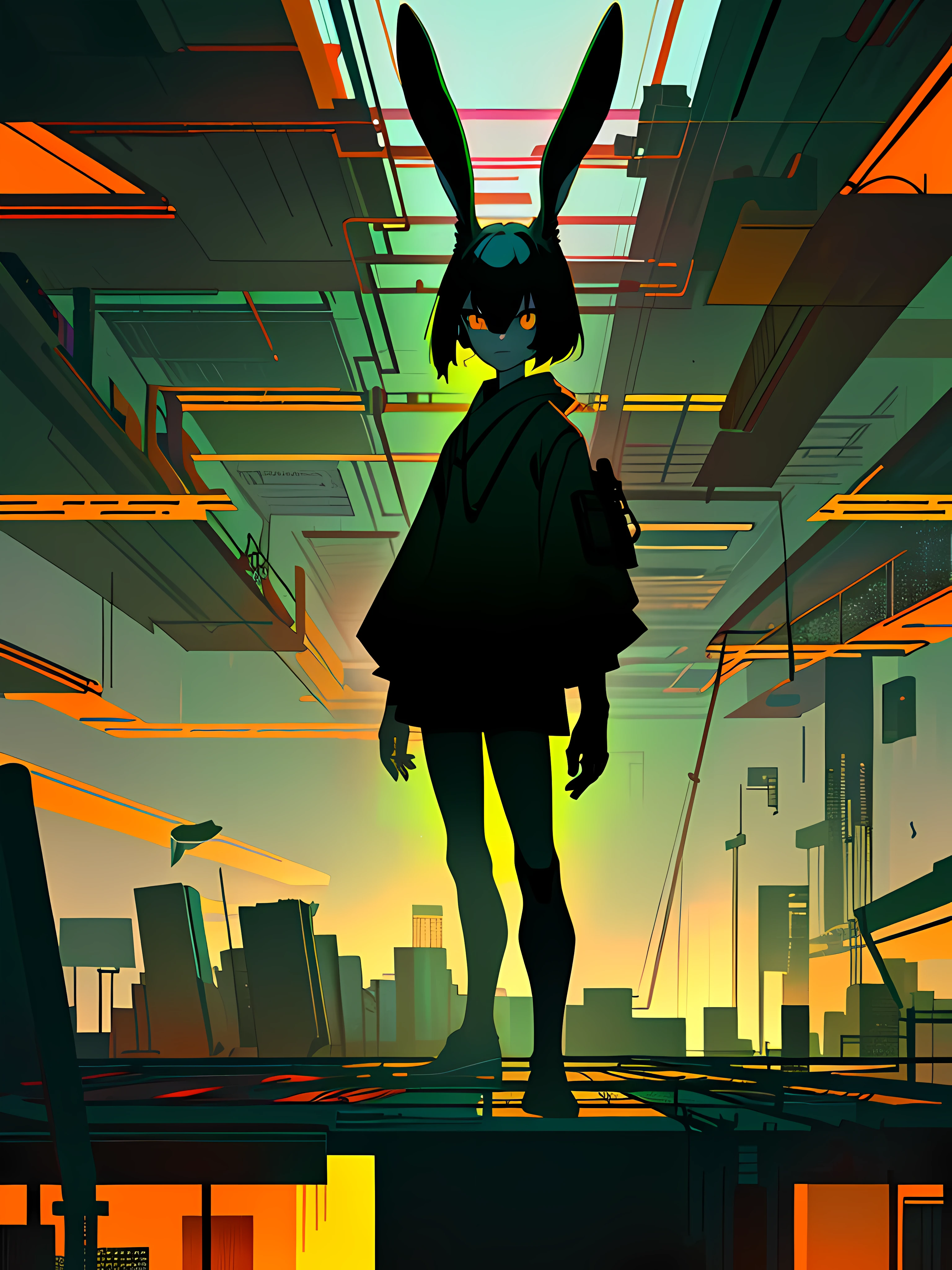 (blame! style abandoned tech landscape), (Zen, Amy Sol style), (underground, dark, foggy, perilous, abandoned dystopian apartment bedroom, deep windows), (abstract anthro rabbit figure wearing bunny ears), cover art with light abstraction, abstract, simple vector art, contemporary Cybernetic art, color gradients, soft color palettes, layered forms, whimsical animation, style Ethereal abstract, 4K, --v6