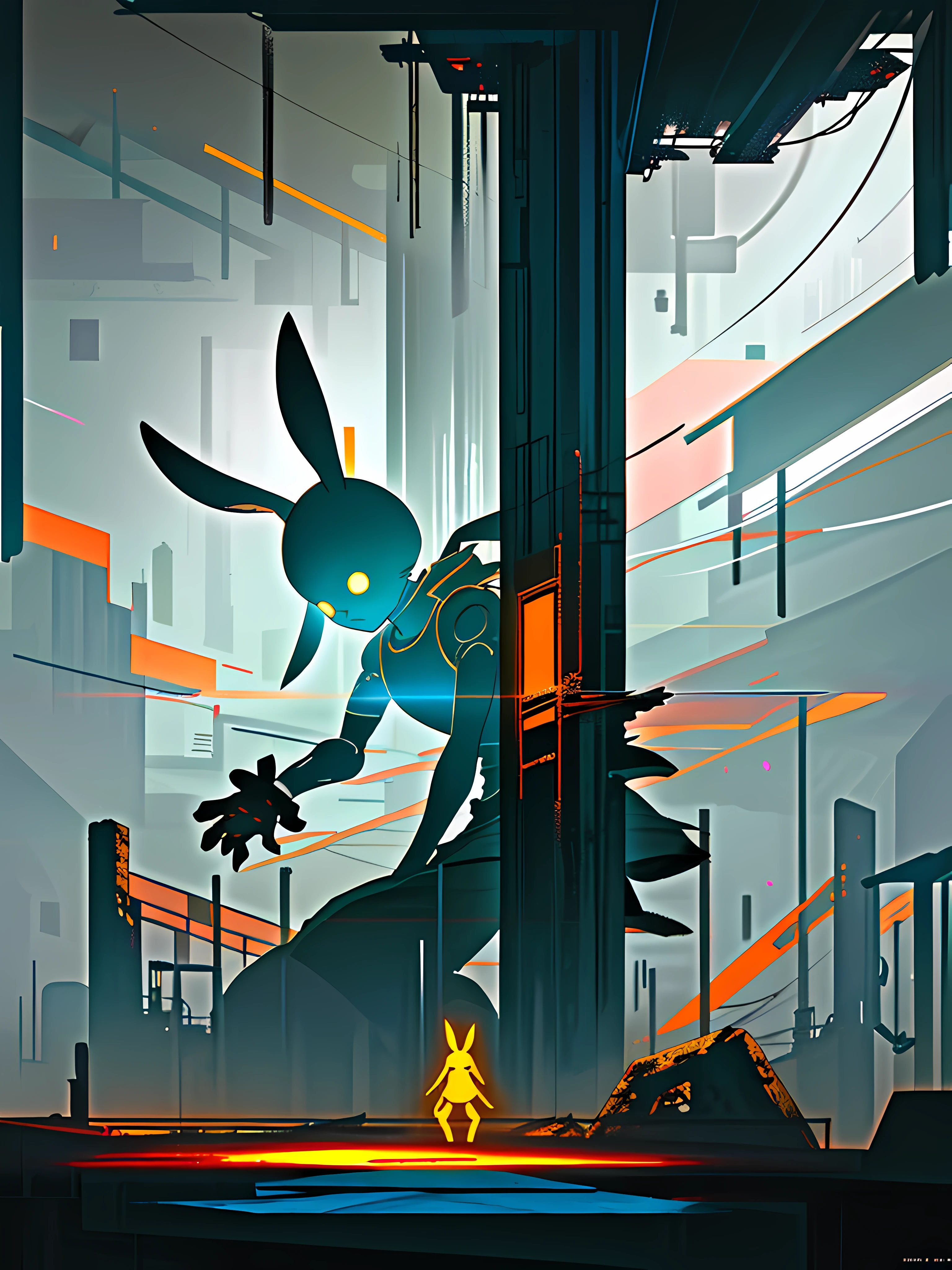 (blame! style abandoned tech landscape), (Zen, Amy Sol style), (underground, dark, foggy, perilous, abandoned dystopian apartment bedroom, deep windows), (abstract anthro rabbit figure wearing bunny ears), cover art with light abstraction, abstract, simple vector art, contemporary Cybernetic art, color gradients, soft color palettes, layered forms, whimsical animation, style Ethereal abstract, 4K, --v6