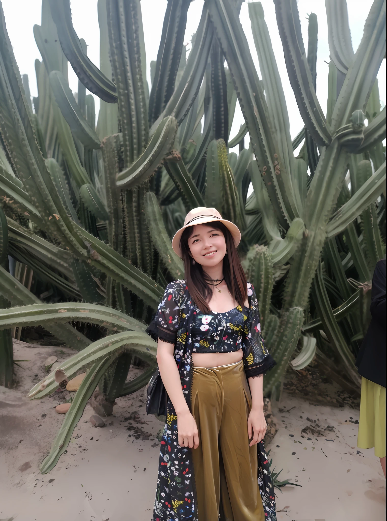1girll,Cactus surrounded,Hair that grows to the feet,gossamer,Revealed breasts,The facial features remain unchanged,Devil figure,evening light,Attractive eyes and smile