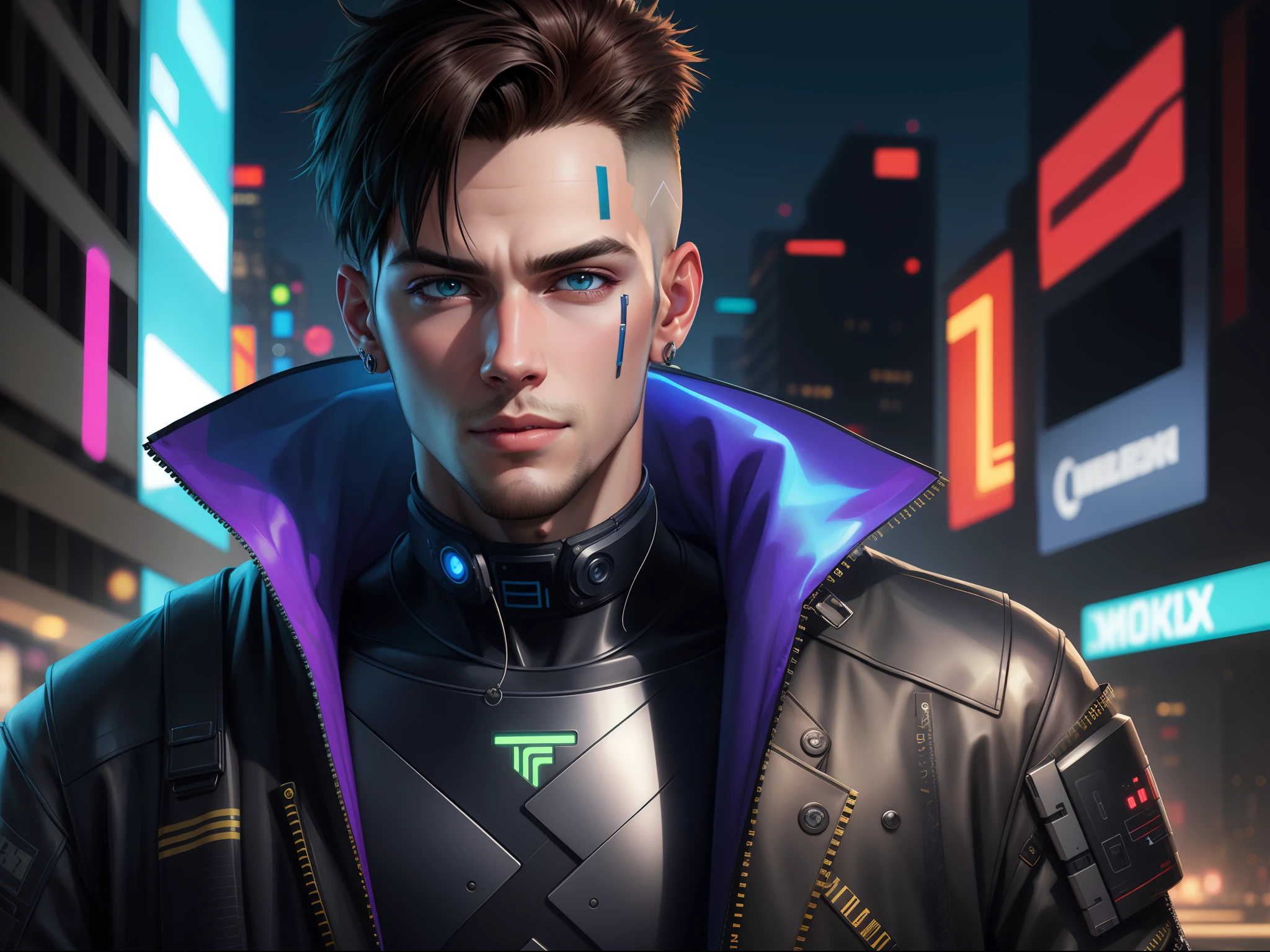 Change background cyberpunk handsome boy, realistic face, 8k, ultra realistic,