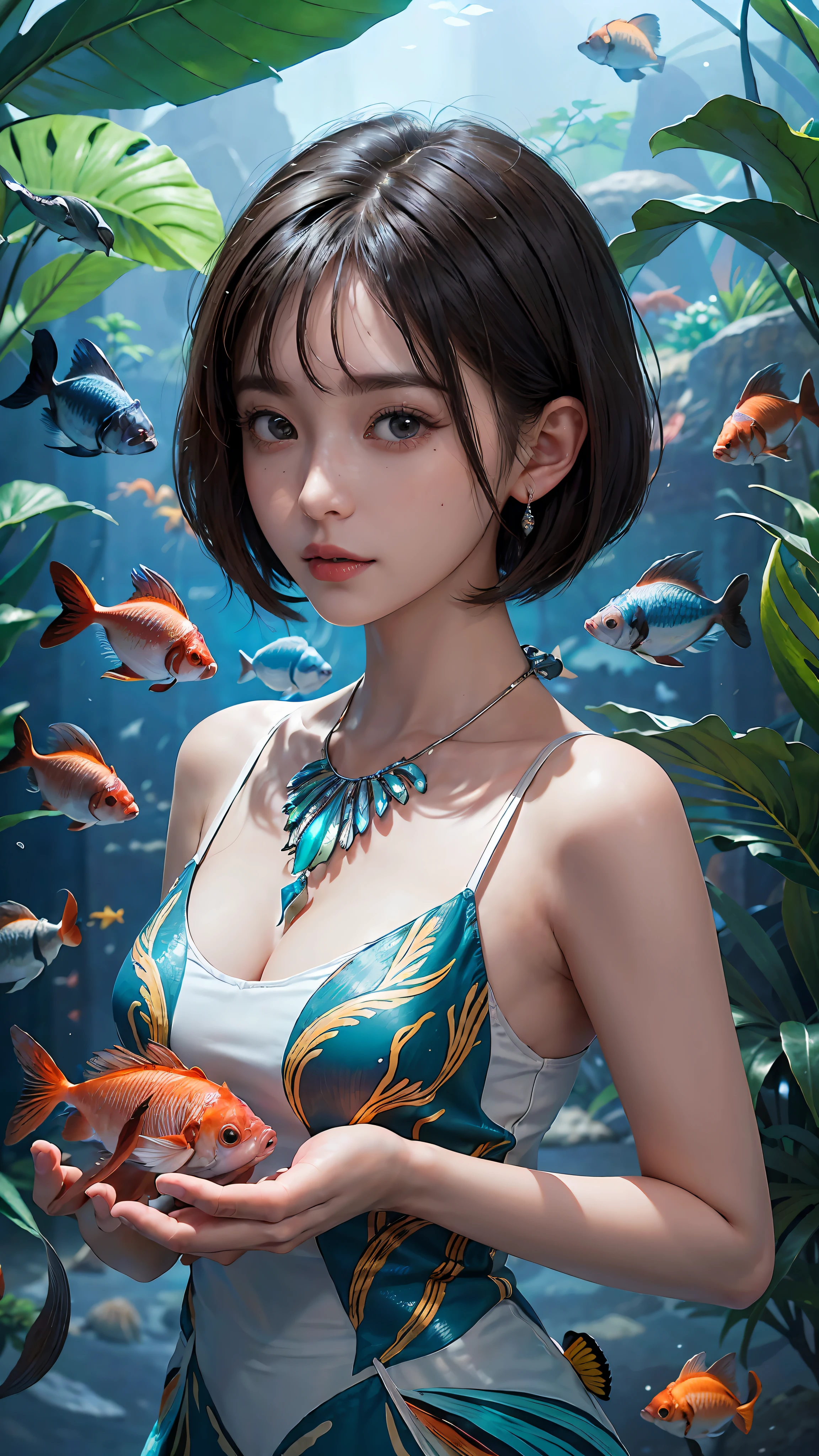 (((30-year-old woman with)))、((aquariums))、​masterpiece, 1 beautiful girls, (((very_Short_hair))), Eye details, Swollen eyes, Top image quality, 超A high resolution, (Realistis: 1.4), OriginalPhotographs, 1girl in, Cinematographic lighting, japanes, very beautif, Beautiful skins, (A hyper-realistic), (hight resolution), (8 K), (ighly detailed), (The best illustrations), (beautifully detailed eyes), (ultra-detailliert), A detailed face, look at a camera, Facing straight ahead, Neat Clothing, shorth hair、A dark-haired、46-point diagonal bangs、((aquariums))、Lots of fish、(((tropical fish)))