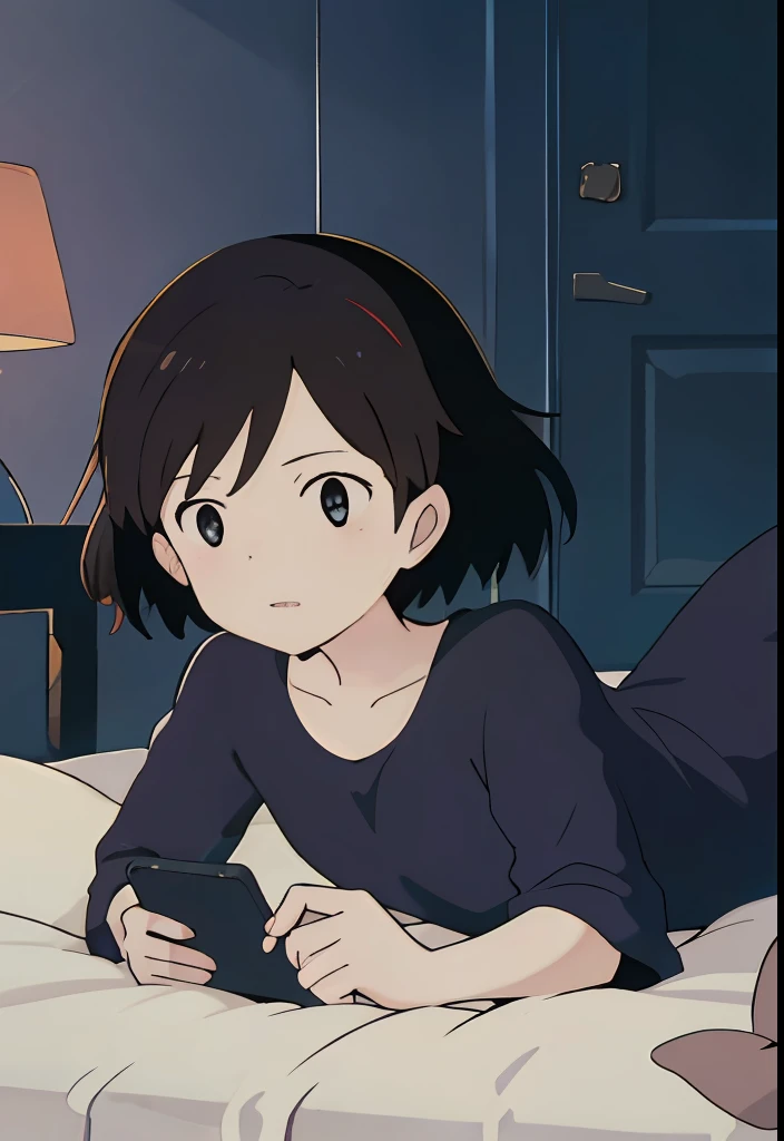 (highly detailed,hdr),Kizi,Kiki,Lying on the bed and playing with your phone,Look your eyes at your phone,the night,Bedrooms