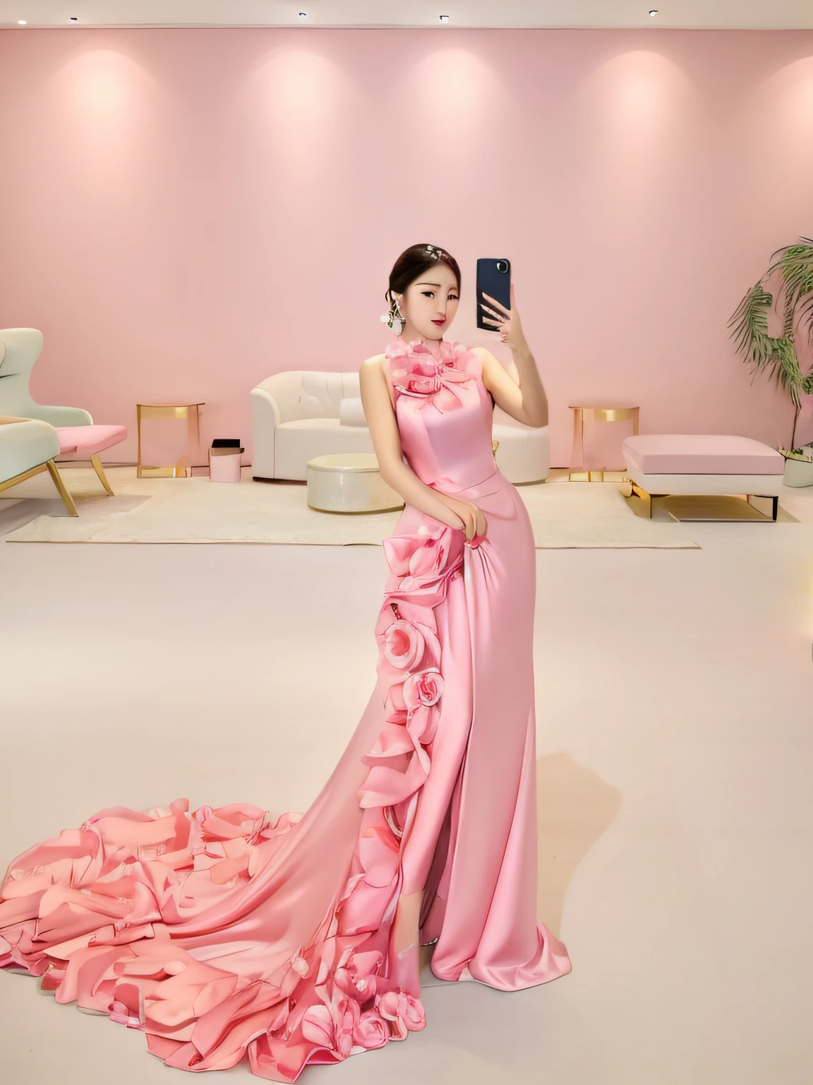 Woman in pink dress taking selfie in living room,  soft silk dress, wearing pink floral gown,  with a thin waist, height of 165cm,  inspired by Liu Haisu, wearing evening gown,Behind is the sea