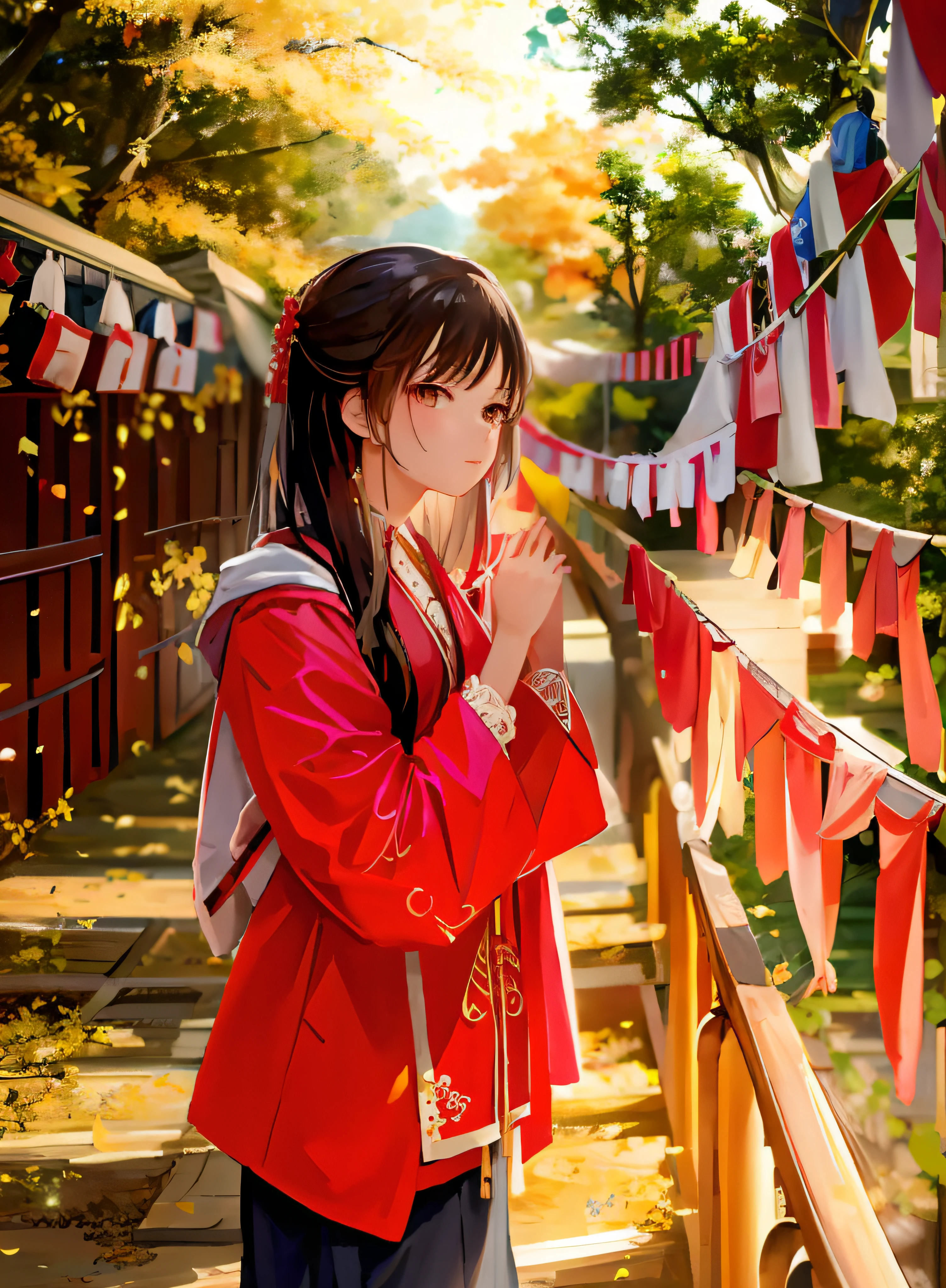 Arapei girl in a red jacket stands near the fence of the red and white flag, Palace ， A girl in Hanfu, Hanfu, Chinese costume, Wearing ancient Chinese clothes, with acient chinese clothes, Traditional Chinese clothing, reimu hakurei, red kimono, wearing gilded red robes, Chinese girl, Chinese traditional, Anime girl cosplay, Chinese dress