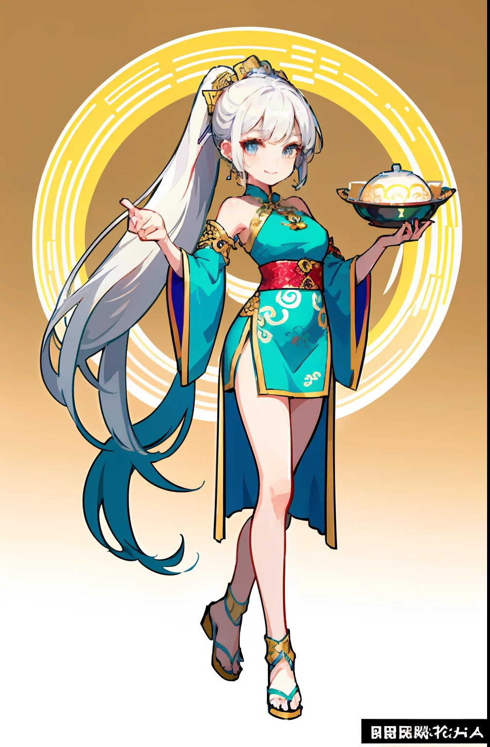 (offcial art：1.5，品质最佳，finedetail)full bodyesbian，Beautiful white girl，Chinese mythology style fantasy world costume，Long, Flowing white hair，Very long ponytail，refined demeanor，light  smile，Heroic，The body is graceful，beautifullegs，perfect bodies，Elegant and flowing。