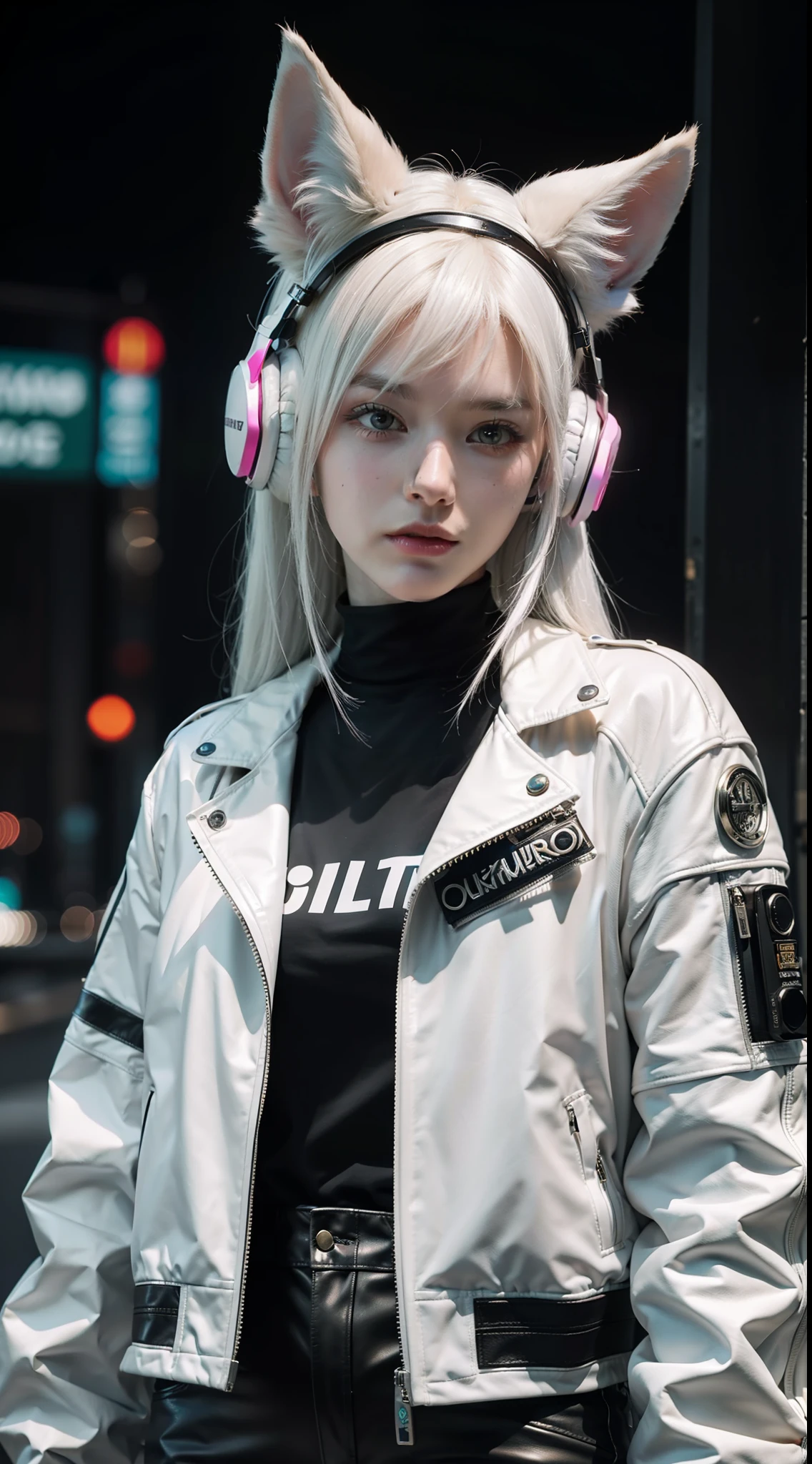 ((masterpiece)), ((best quality)), 8K, high detailed, ultra-detailed, cyberpunk style, neon lights, futuristic setting, white-haired girl with fox ears, wearing headphones, leather jacket