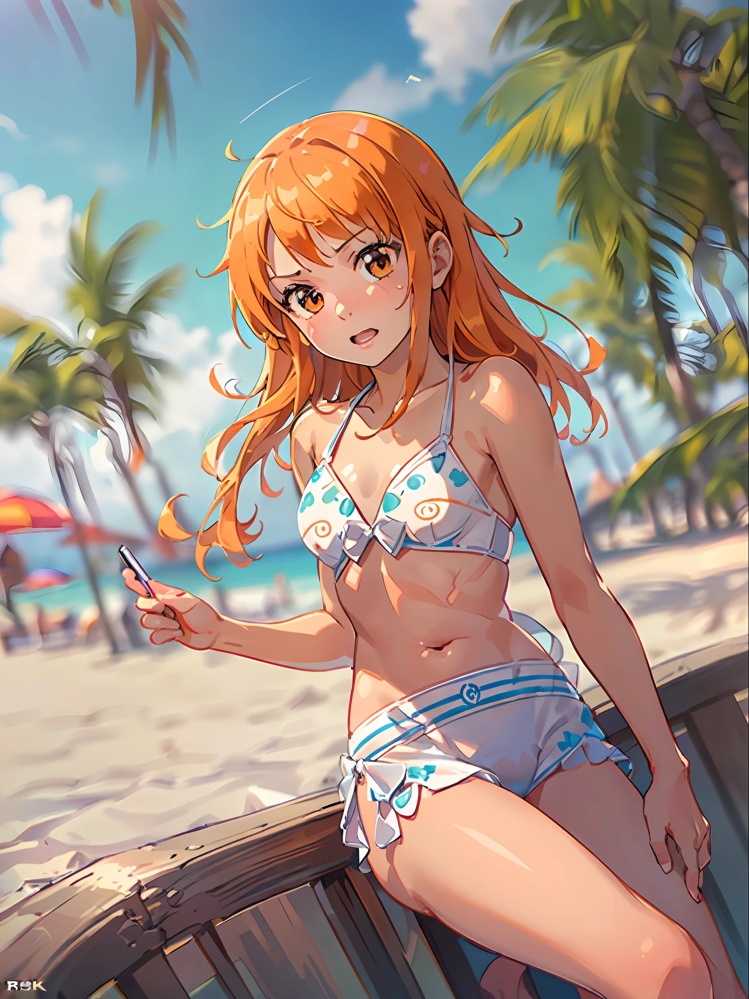 1girl, , (name one piece:1.4), (loli:1.5),baby face:1.d:1.5), (small body:1.5), (orange hair:1.4), seductive expression, slim lips, seductive pose, (swimsuit:1.4), (white bikini:1.4), beautiful swimsuit, cleavage, (tiny flat boobs:1.4), beautiful flat stomach, (beautiful stomach), (flat chest), high quality, best drawing, ultra detailed, 4k ultra hd, anime wallpaper, aesthetic background, beach background, high quality beach background, anime beach, detailed sea, detailed ocean, detailed water, ray tracing lighting, high quality background, high resolution, masterpiece, sharp details, ultra fine details, intricate details, (best resolution:1.5), directional lighting, cinematic details,raw 4k hdr, ((detailed face)), ((photorealistic face)), ((detailed hands)), (detailed body), (detailed hair), (((extreme detail)), ultra hd 4k, cinematic 8k, raw 8k, cinematic lightning, ((fine details)), ((intricate details)), ((detailed facial features)), ((detailed eyes)), detailed lighting, intricate detail, (((realistic))), realistic details, realistic face, ((extreme details)), (realistic face), realistic body, (((detailed body))), extremely detailed lighting, ((dynamic lighting)), (((ray tracing))), (((8k ultra hd))), cinematic lightning, (((extremely detailed realistic background))), (((detailed background))), ((realistic background)), ((cinematic background)), super realistic, natural lighting, natural background blur, (((photorealistic))), hyperrealistic 8k hdr background, (((sharp photorealistic details))), (masterpiece:1.5), drawn by master, best super quality, ultra quality, hyperrealistic lighting, beautiful background, neat drawing, clean art, ultra clear sharp details