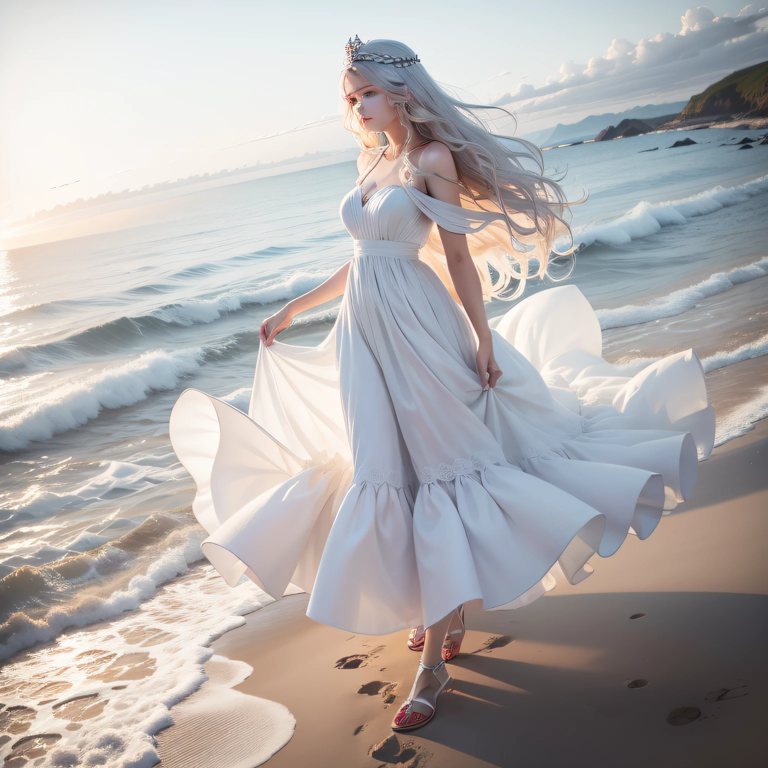 Arapei woman in white dress walking on beach near the ocean,flowing white dress,A flowing dress,wearing a cute white dress,White silk clothes,pretty white dress,Wearing a white dress,Dressed in beautiful white,Lori's dress,Wearing a white flowing dress,Wearing a white dress in white,Wear long, fluent clothes,Tall and thin beauty goddess,More beautiful facial features,The waves are even bigger,Goddess with a crown on her head