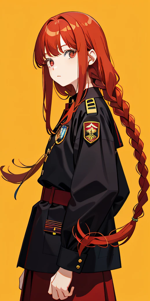 Red hair, braids, uniform, small face, bangs, long hair left on both sides of the cheeks, red eyes, yellow circles inside