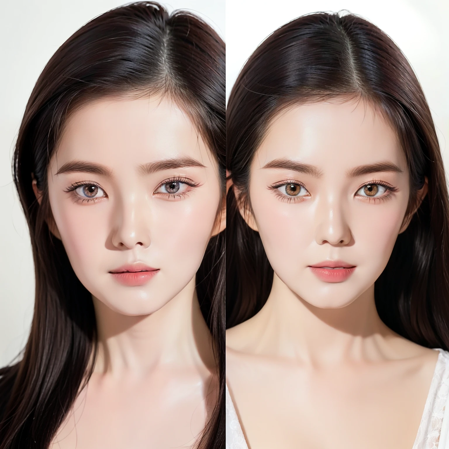 Comparison chart of the same woman's face,One has dark circles，One doesn't， Round round nose, professional make-up, Makeup, with round face, Heavy makeup, Small round face, Professional makeup, full round face, small heart - shaped face, Heavy makeup, Light makeup, natural make up, Porcelain white skin, Face enhancement, Smooth oval face, Beautiful smooth oval face
