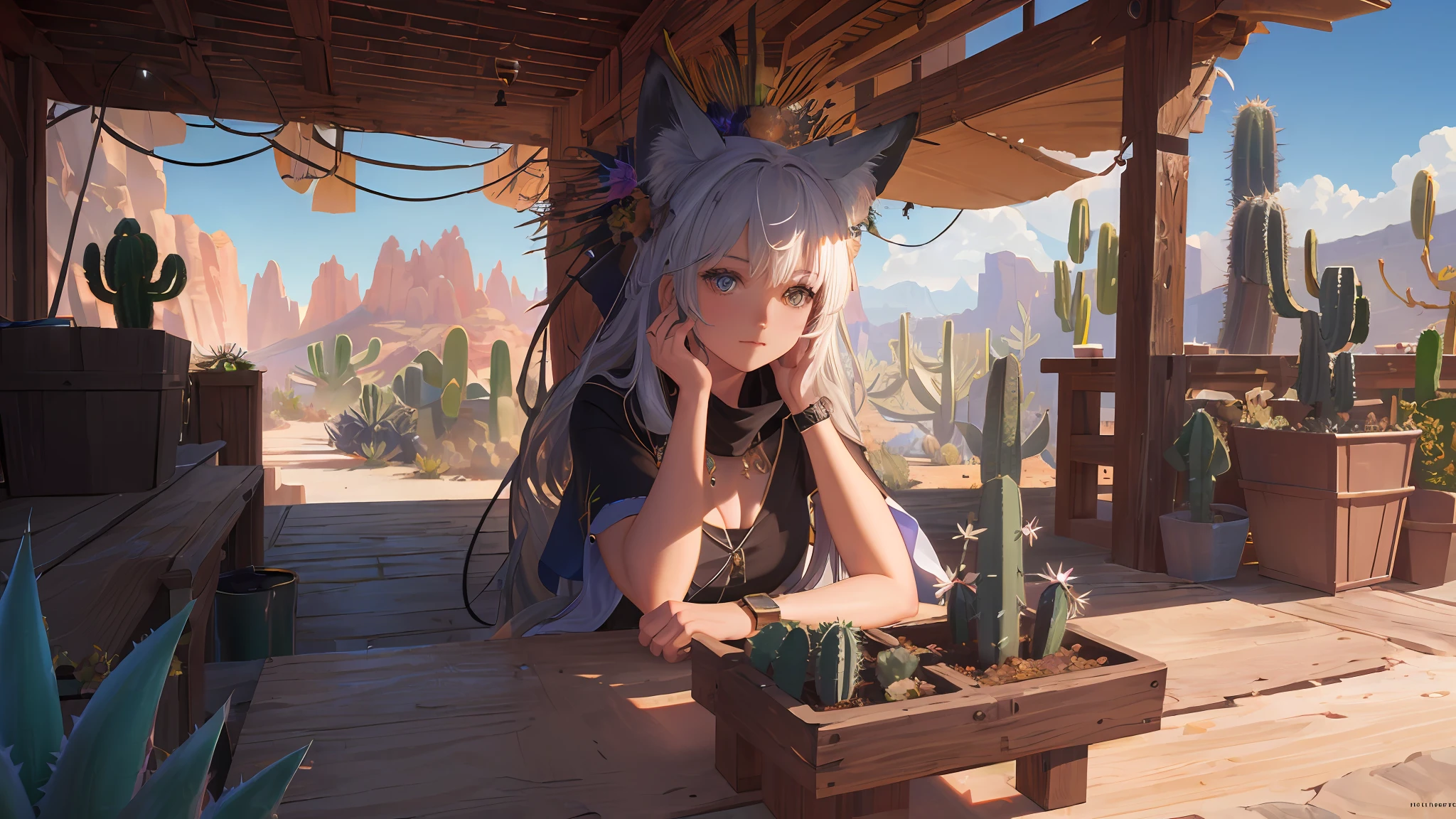 ((masterpiece)), best quality, high quality, ((very detailed CG unity 8k wallpaper)), (fantasy), dry place like empty desert, dear, watch from higher mountains, ((giant agave titanota)), wild plants, foxy, , Mono Lake, hackberry, 3D Digital Paintings, award winning photography, Bokeh, Depth of Field, HDR, bloom, less cactus, Chromatic Aberration , Photorealistic, extremely detailed, trending on artstation, trending on CGsociety, Intricate, High Detail, Dramatic, Halfway Art,