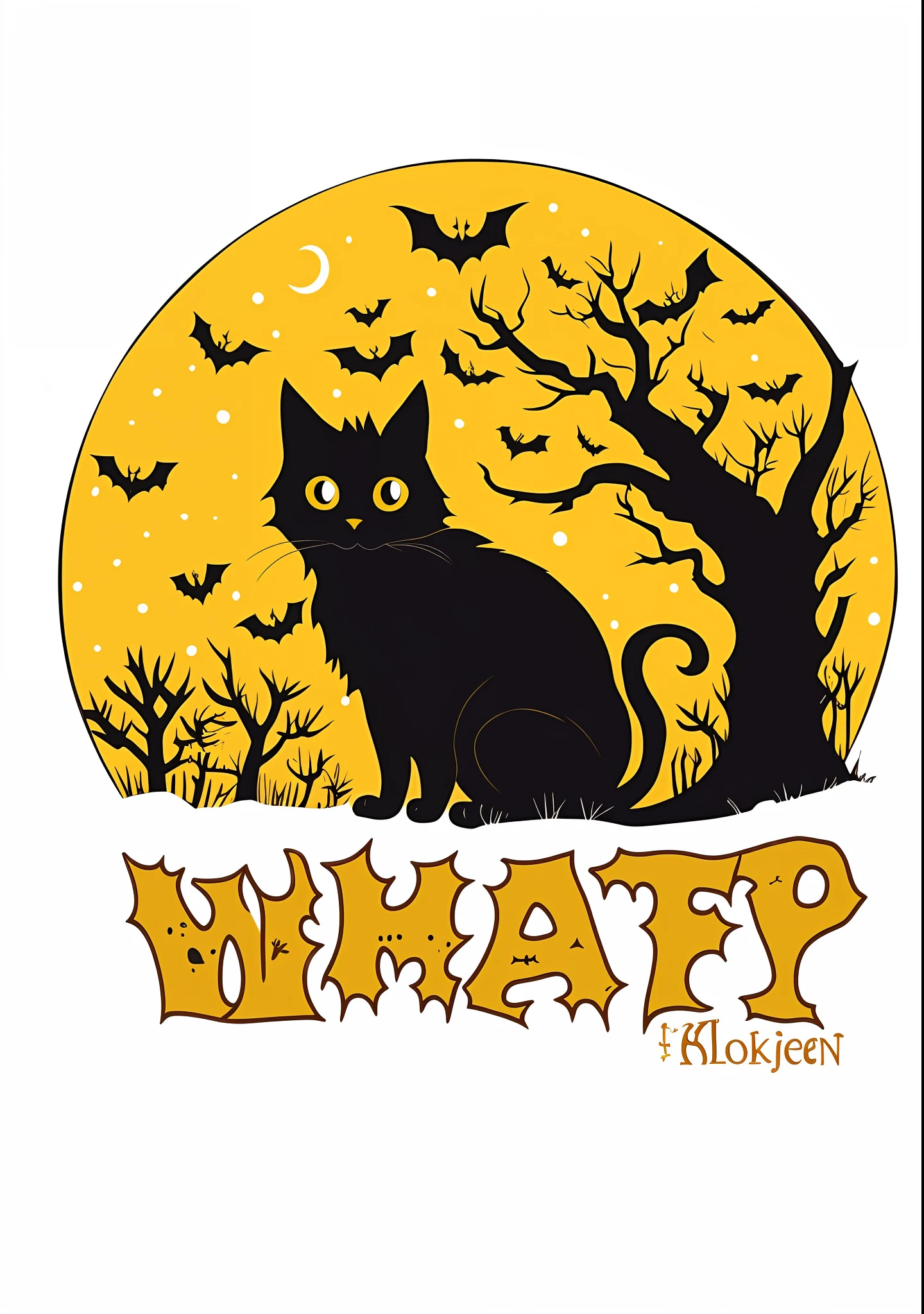 There is a black cat sitting in front of the full moon, What, aki, 8 k what, Night!, halloween theme, Dark!, Witchcraft!, haunting!, vampire cat, but what do you mean, werecreature?, !!!! cat!!!!, Cat theme logo, cat witch, witch clothes, fluffy cat t - shirt design, halloween art style, Whatever