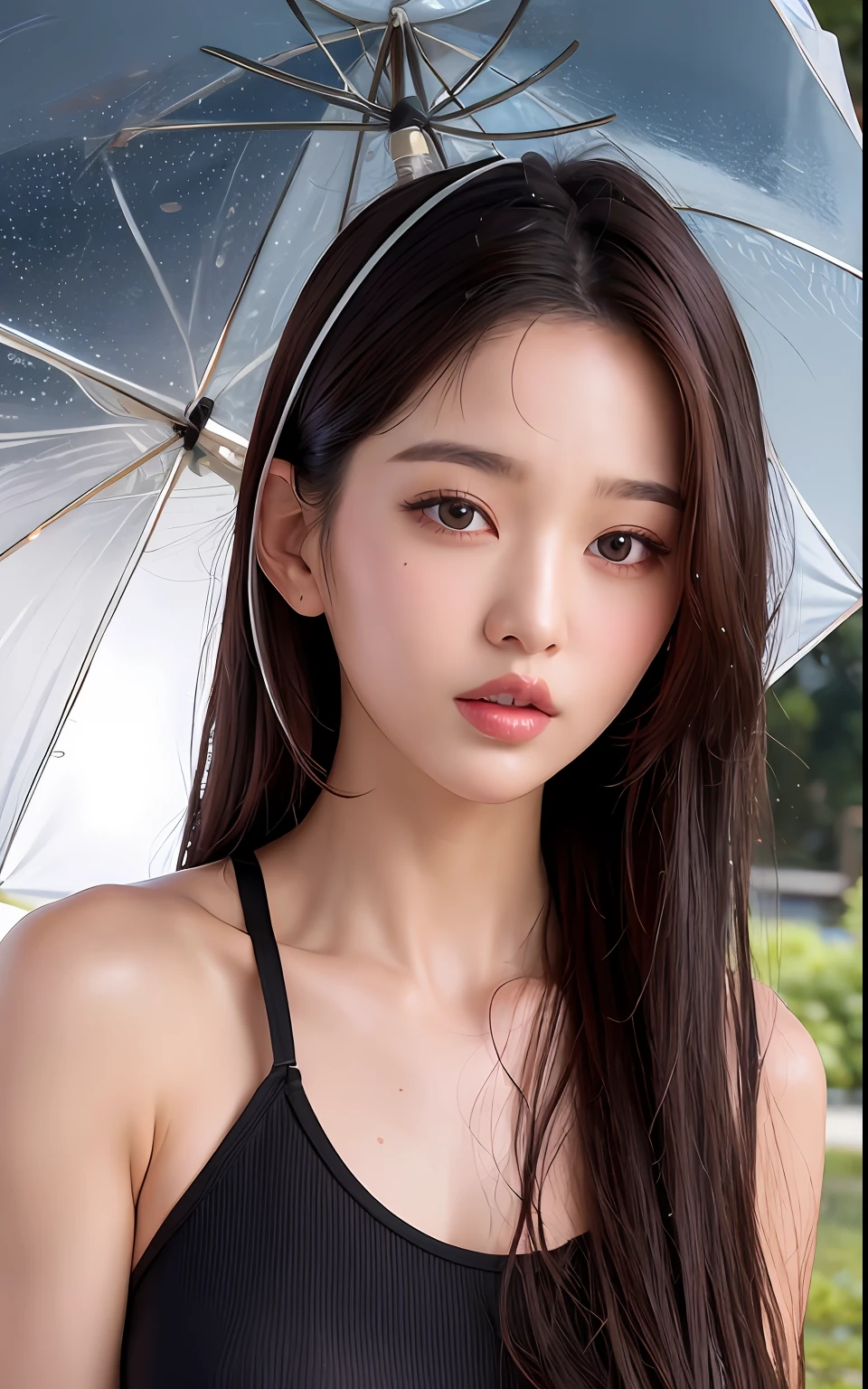 (Best quality, 4k, Masterpiece :1.3), pretty woman, 1girl, sexy :1.1, dark brown hair: 1.1, (rainy wet, wet from rain, wet body :1.2), white tank tops, ultra-detailed face, detailed lips, detailed eyes, double eyelid