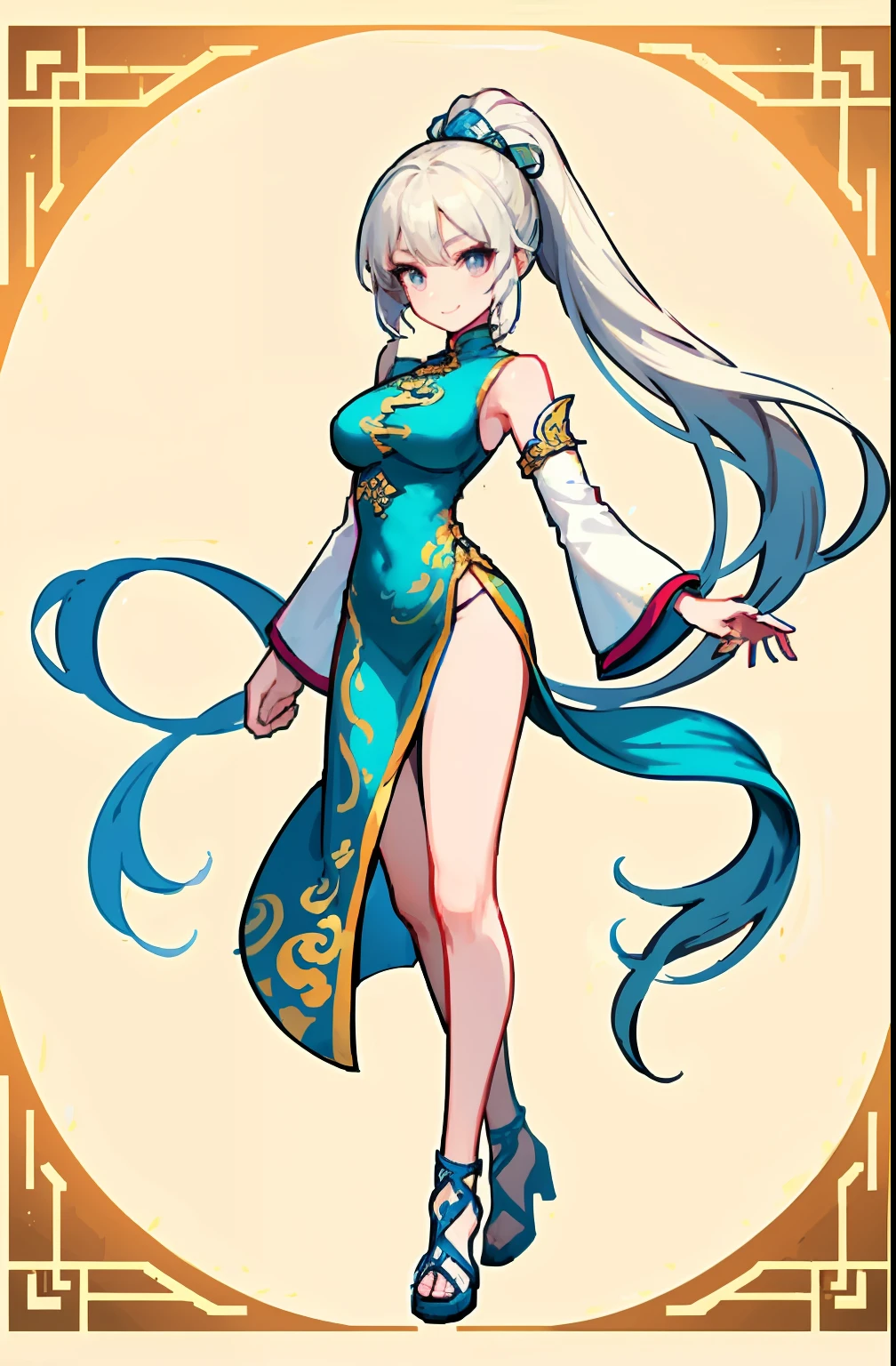 (offcial art：1.5，品质最佳，finedetail)full bodyesbian，Beautiful white girl，Chinese mythology style fantasy world costume，Long, Flowing white hair，Very long ponytail，refined demeanor，light  smile，Heroic，The body is graceful，beautifullegs，perfect bodies，Elegant and flowing。