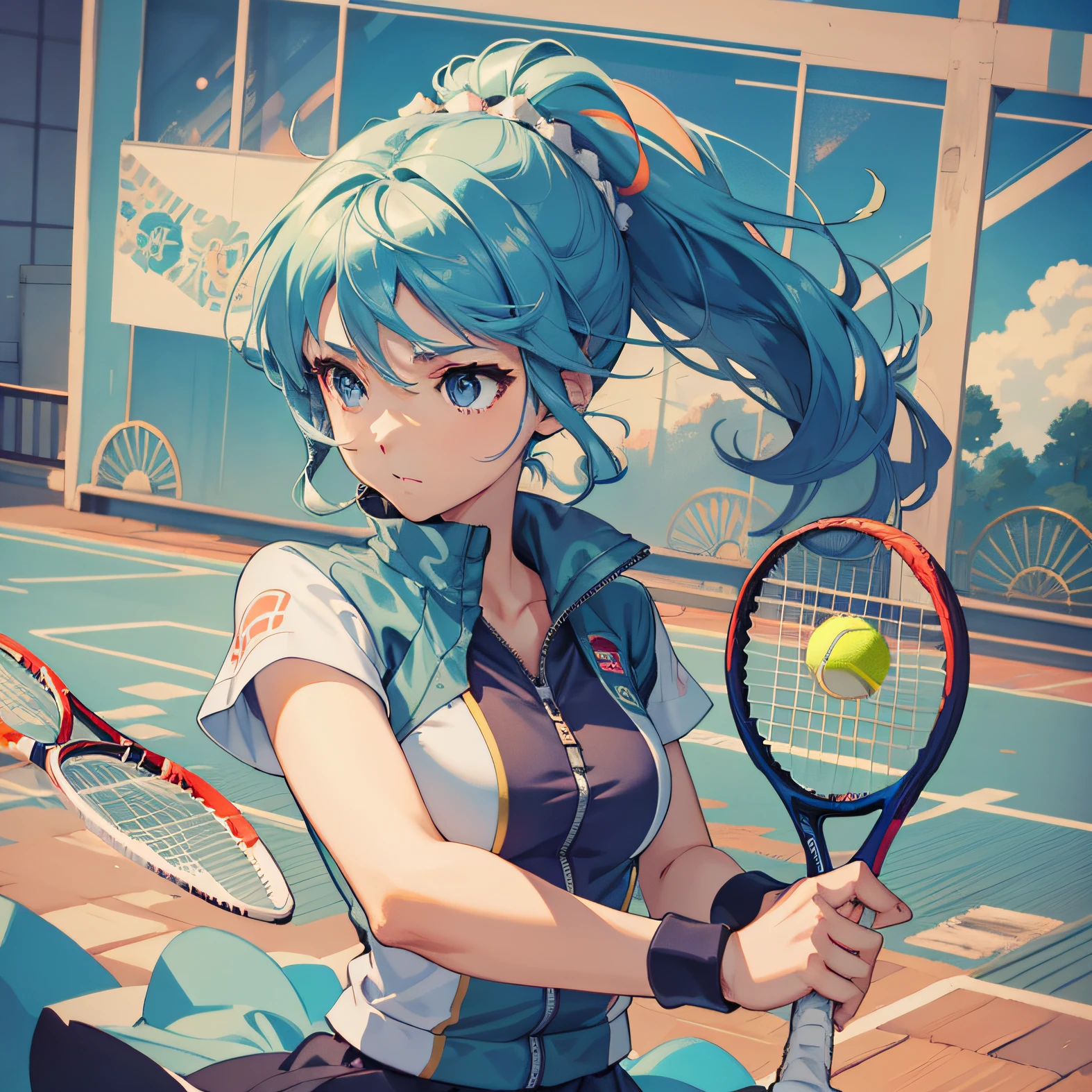 Anime girl holding tennis racket in her hand, Beautiful ponytail anime girl,There is a headdress， comic artstyle, Anime style illustration, clean and meticulous anime art, beautiful anime art style, Anime art style, anime style art, High quality anime art style, lovely art style, a girl playing tennis, Anime art style, Anime style artwork, Detailed digital anime art, clean and meticulous anime style,With a ponytail, Youthful，The feeling of dancing youth