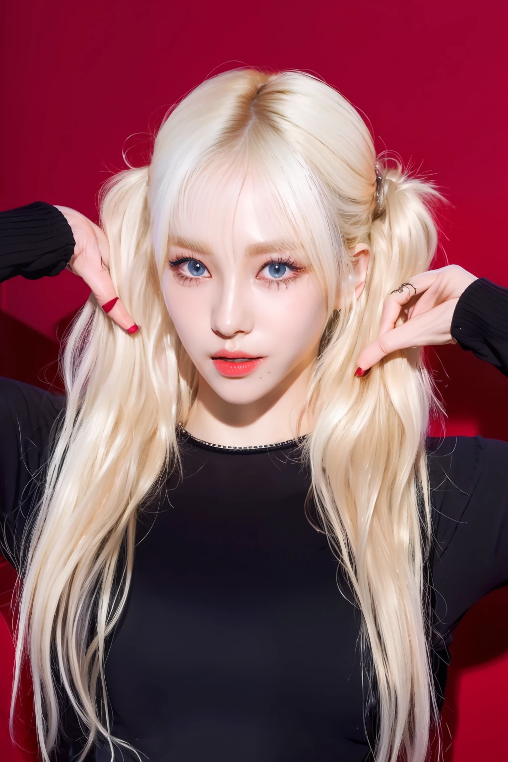 (8k, 4k, best quality, highres, ultra high res:1.1), (masterpiece, realistic, photo-realistic:1.1), 1girl,  face, close-up, twintails, blonde hair, black eyes, red lips,  (looking at viewer:2), absurdly long hair, long eyelashes, eyeshadow,  small face, big eyes,
bare shoulders,
high contrast,