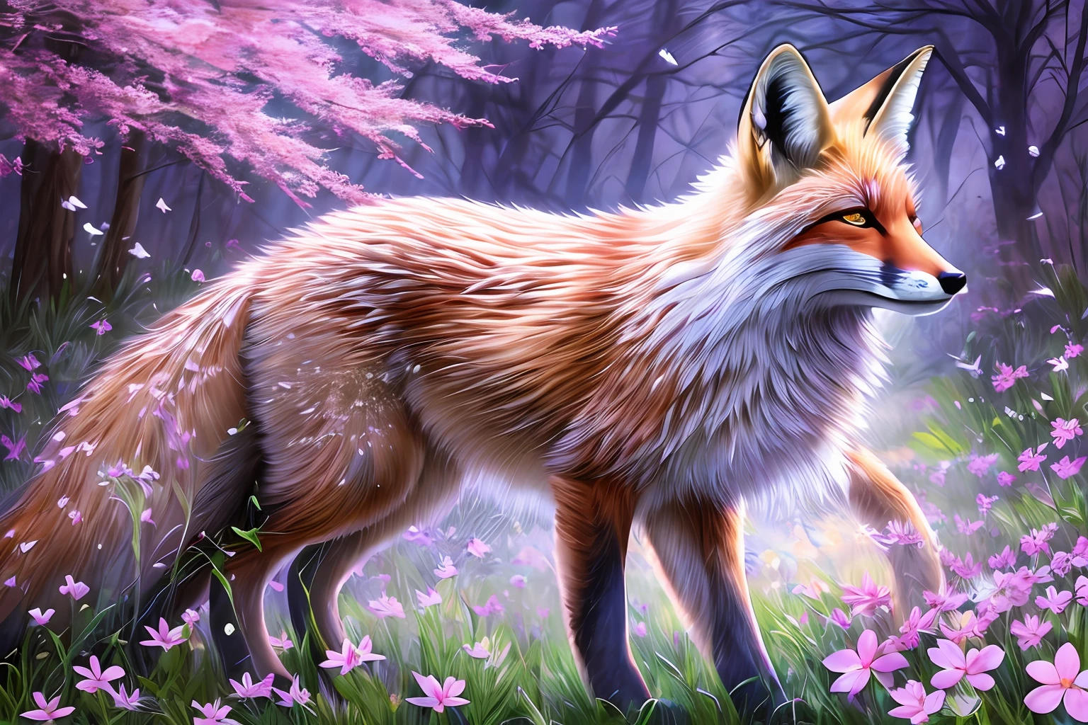 "Majestic and ethereal, a mesmerizing portrayal of a mystical fox spirit. Radiating grace and wisdom, the fox is adorned with sleek silver fur and captivatingly vibrant eyes that gleam with ancient knowledge. Set against a backdrop of enchanted moonlit forests, dappled with soft rays of moonlight filtering through the dense foliage, casting a magical and ethereal glow. The fox gracefully glides through the scene, surrounded by swirling cherry blossom petals, symbolizing the ephemeral beauty of life. Its every movement is accompanied by a gentle breeze, causing the grasslands to sway in harmony. The atmosphere is filled with a sense of both mystery and tranquility, invoking a sense of awe and wonder."
