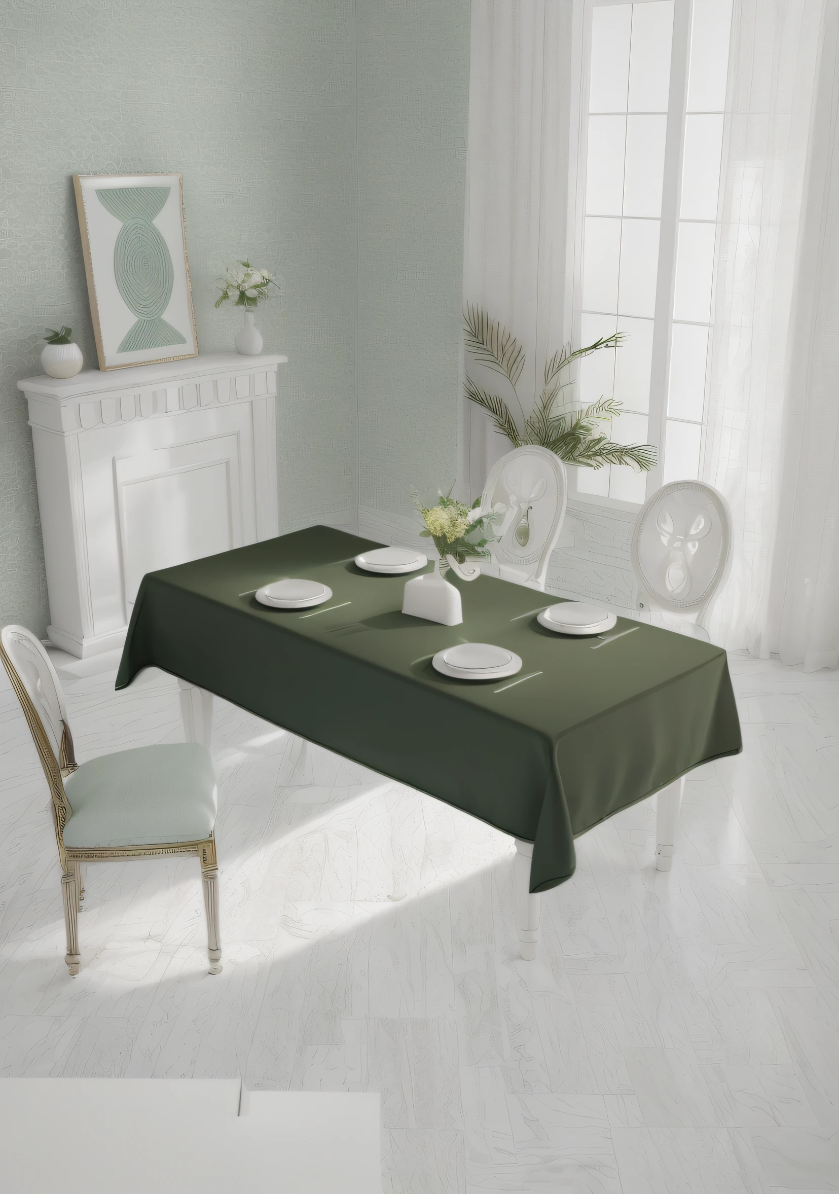 There is a table,There are plates and placement settings on it, tablecloth, Dark green, Rectangular, an elegant green, wide high angle view, realistic lens, full subject shown in photo, rectangle white porcelain table, rectangle, detailed with high quality,