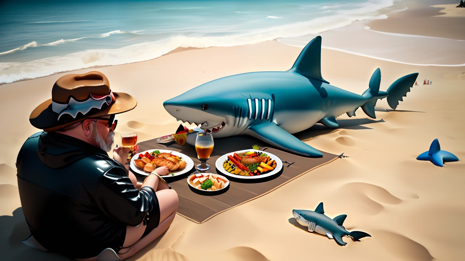 (fantasy00d), (3DMM), ((((shark with rat body, rat paws, rat hair, shark head and shark tail)))), on the sand of the beach in the middle of several people, people in the sea water, fat women in bikinis, old men with big bellies, (children defecating), (family in a picnic (eating a roast chicken)), (fantasy00d)