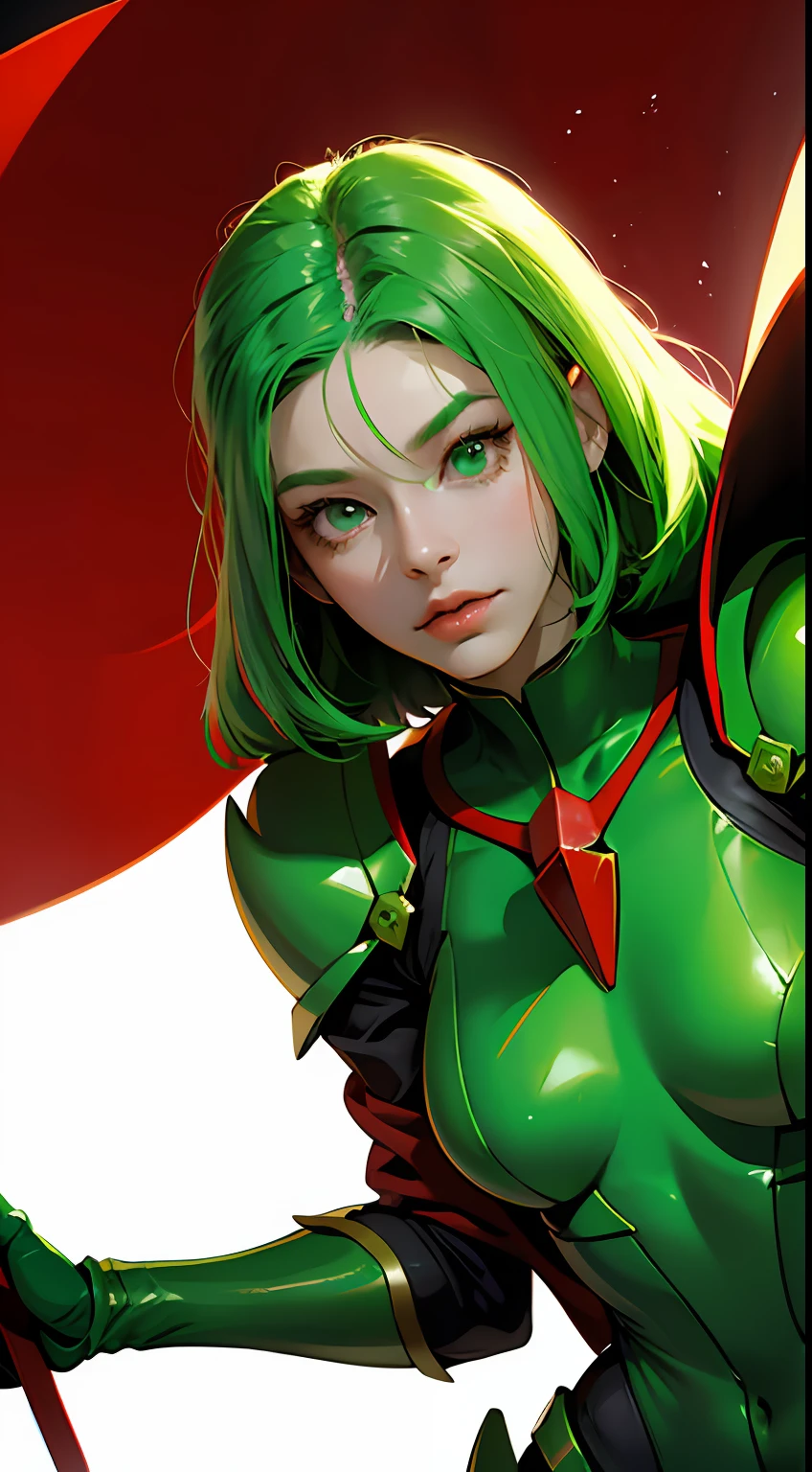 Cartoon photo of woman in green and red costume、Hot insect humanoid female、Guyver Style、SFW version、Scarabeleploid、tail、Cel Shade Adult Animation、Alien Queen、Core Crystal、