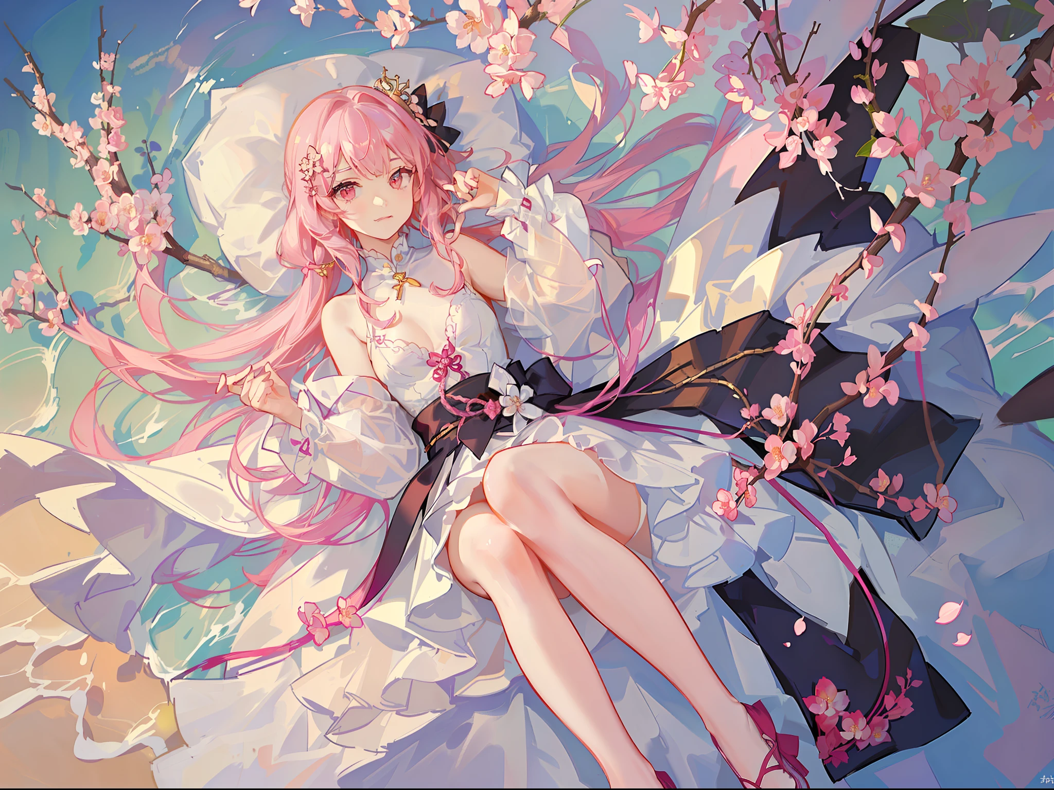 s,The skin is as white as plum blossoms,Big eyes, the sun shines brightly,lovely and delicate,The small mouth is red and tender like a cherry, which is very cute,The long hair was already coiled up, with a golden hairpin inserted into it,At the end of the hairpin hangs a plum blossom with a gold chain,Plum blossoms should be made of glass。Pink long sleeves are connected to a pink dress。