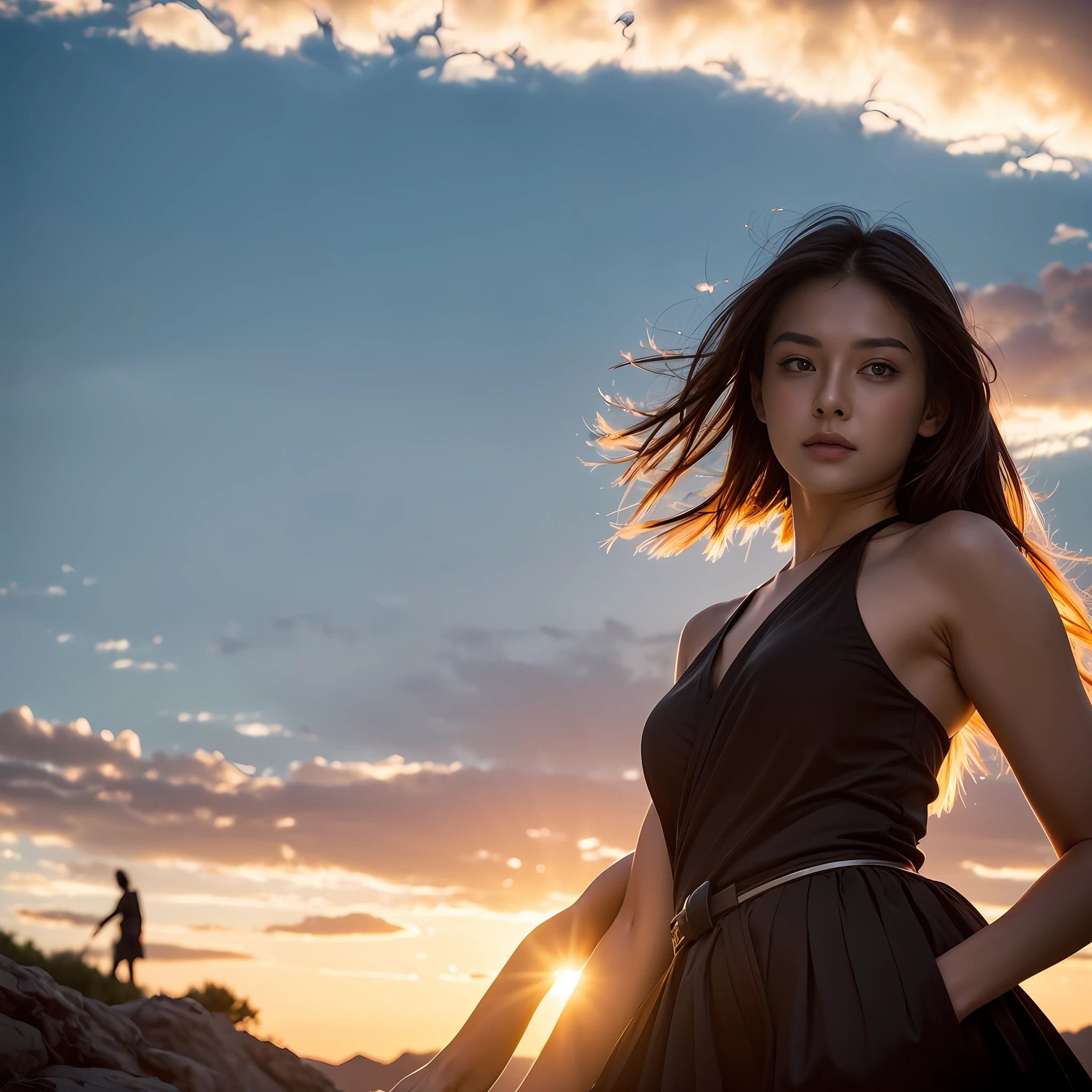 (best quality, masterpiece), 1girl, samurai, particle, wind, looking at viewer, fox ear, ((monsters in background)), backlighting, upper body, pose