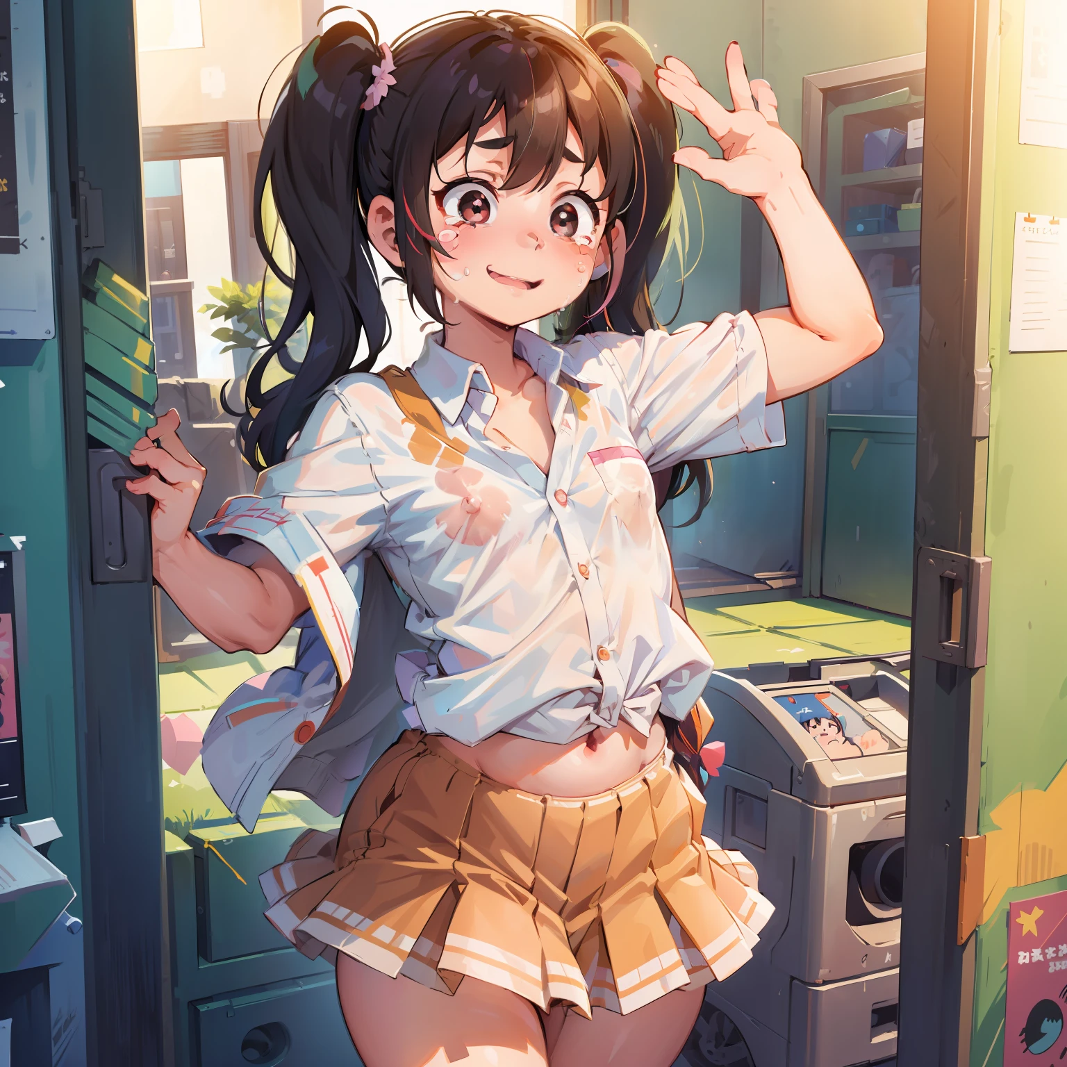 4k, masterpiece, 8k, high quality, best quality, in house, in room, room background, long black pigtails, twin pigtails, black eyes, school girl skirt, open shirt, unbuttoned shirt, shirt unbuttoned and open exposed breasts, embarrassed, arms back, chest out, exposing breasts, bare legs, long legs, thick legs, smiling, waving, ****, short, tiny frame, small breasts, breasts out,  showing, short, schoolgirl uniform, shown, embarrassed expression, tsundere, nipples out, exposed, navel, tied up, hands behind back, tape over face, mouth taped over, crying, tears, streaked mascara