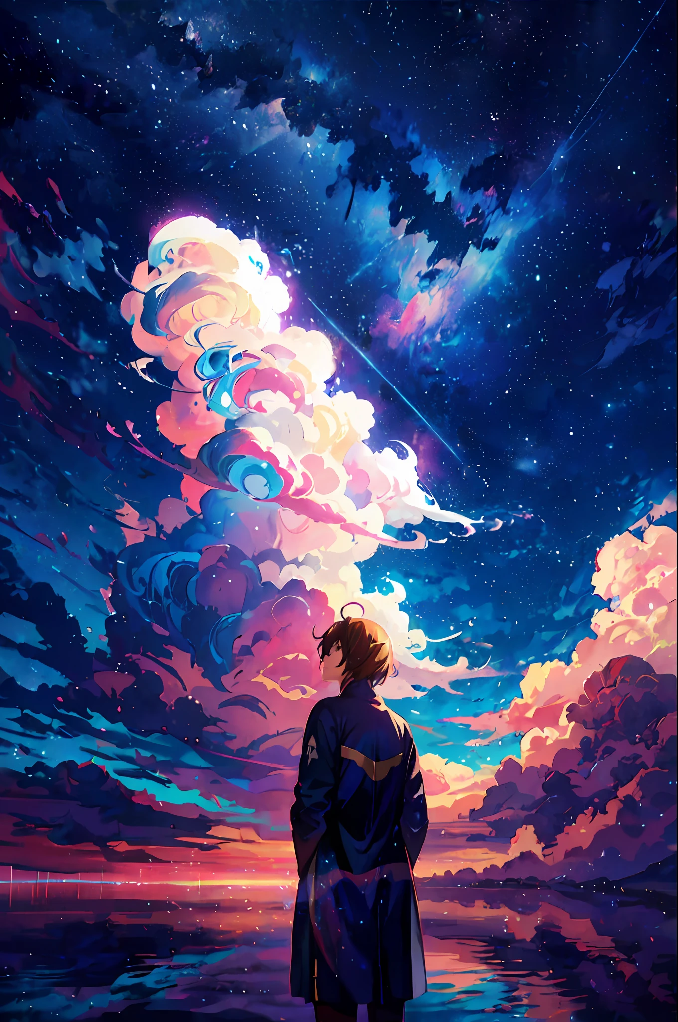 anime, a man standing in front of a lake looking at the sky, anime art wallpaper 4k, anime art wallpaper 4 k, anime art wallpaper 8 k, 4k anime wallpaper, anime wallpaper 4 k, anime wallpaper 4k, sitting on the cosmic cloudscape, on cosmic cloudscape, makoto shinkai cyril rolando, space clouds, anime sky