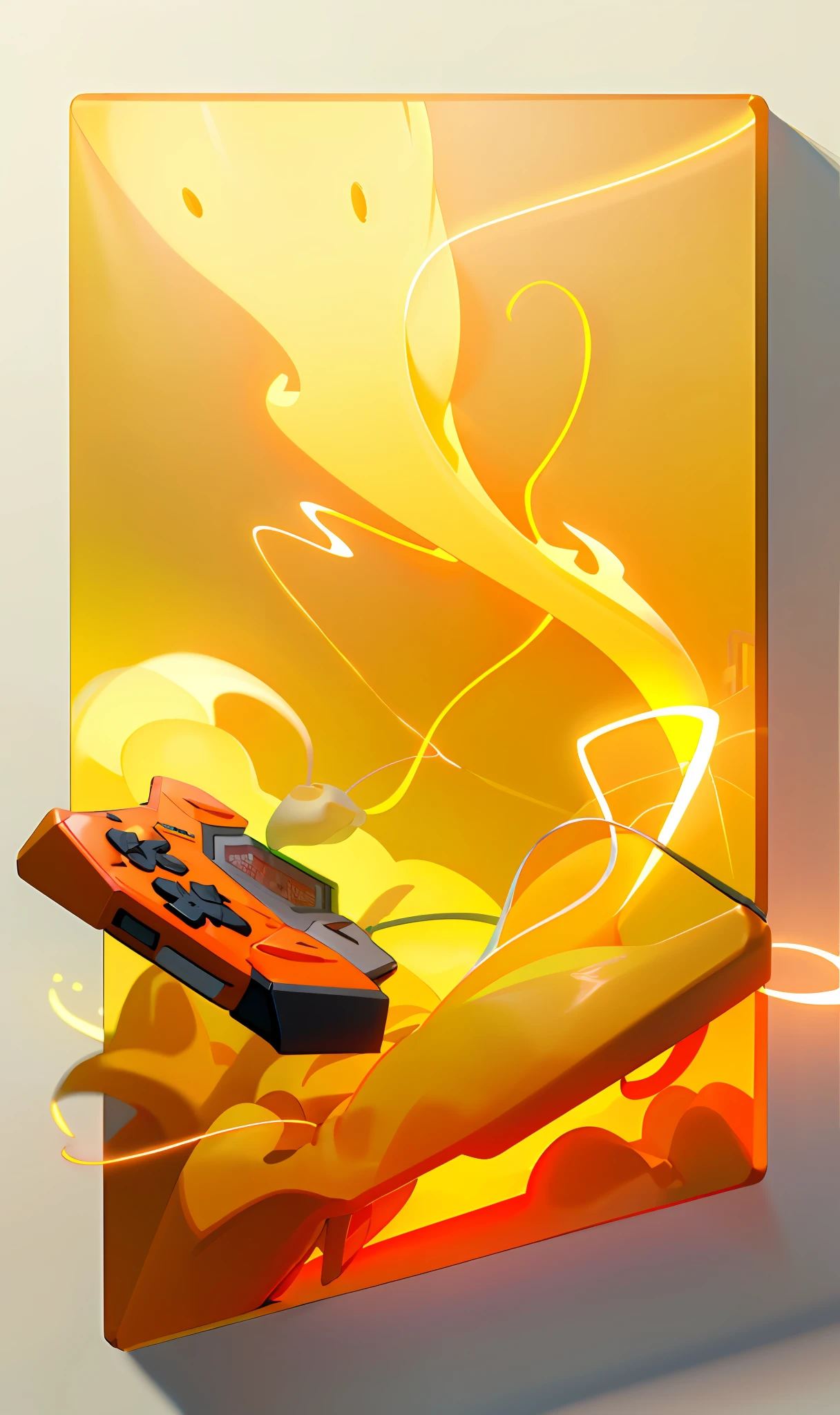 Cartoon-style video game console with buttons and yellow screen, liquid translucent amber, Orange light, orange neon backlighting, orange yellow ethereal, Yellow orange, Orange-yellow, Dan Flavan, 2013, orange neon, jin kim, daniel richter, 2 0 1 2, 2012, yellow-orange, orange lighting, Orange electricity