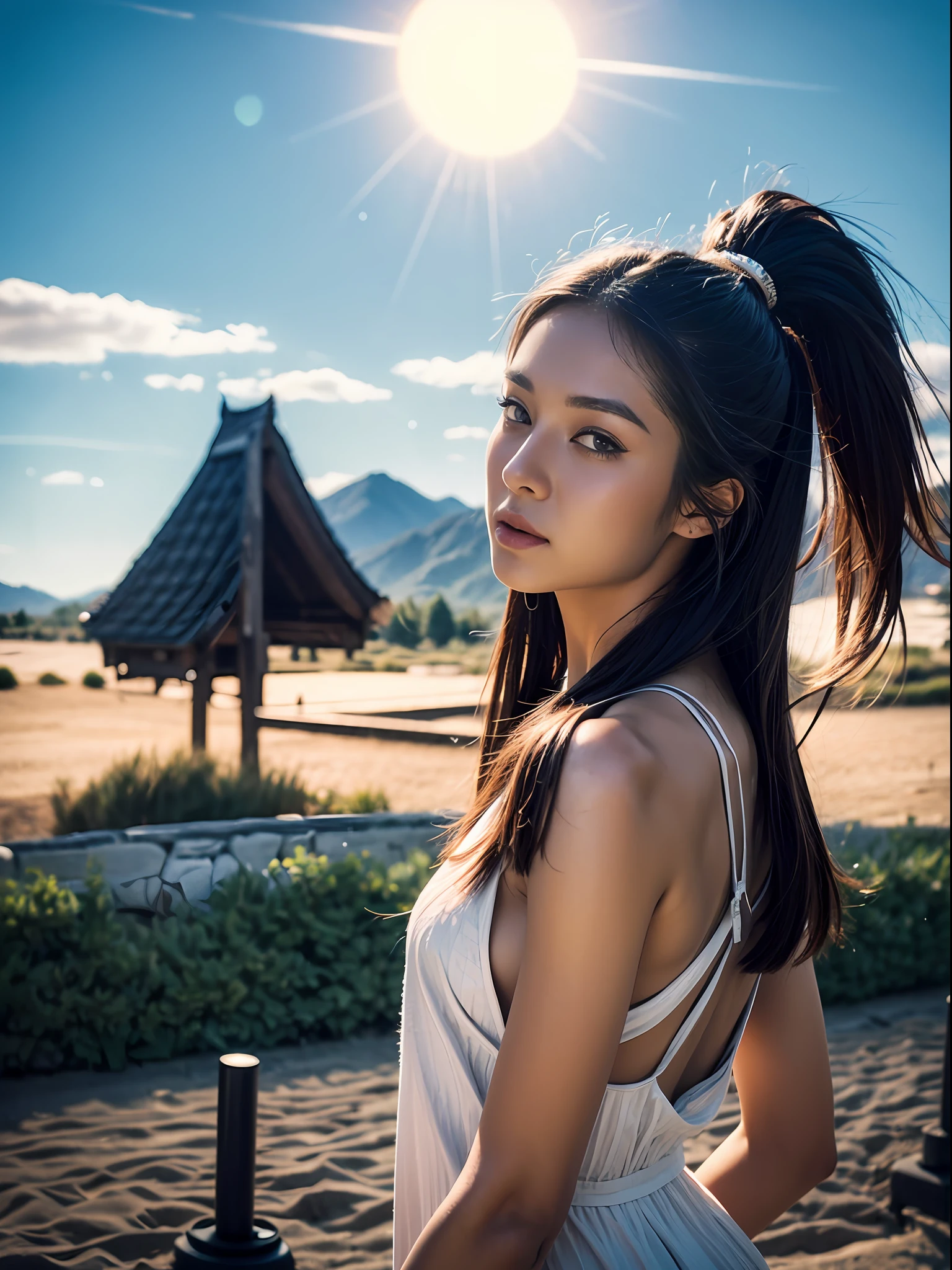 (best quality, masterpiece), 1girl, samurai, particle, wind, looking at viewer, fox ear, ((monsters in background)), backlighting, upper body, pose