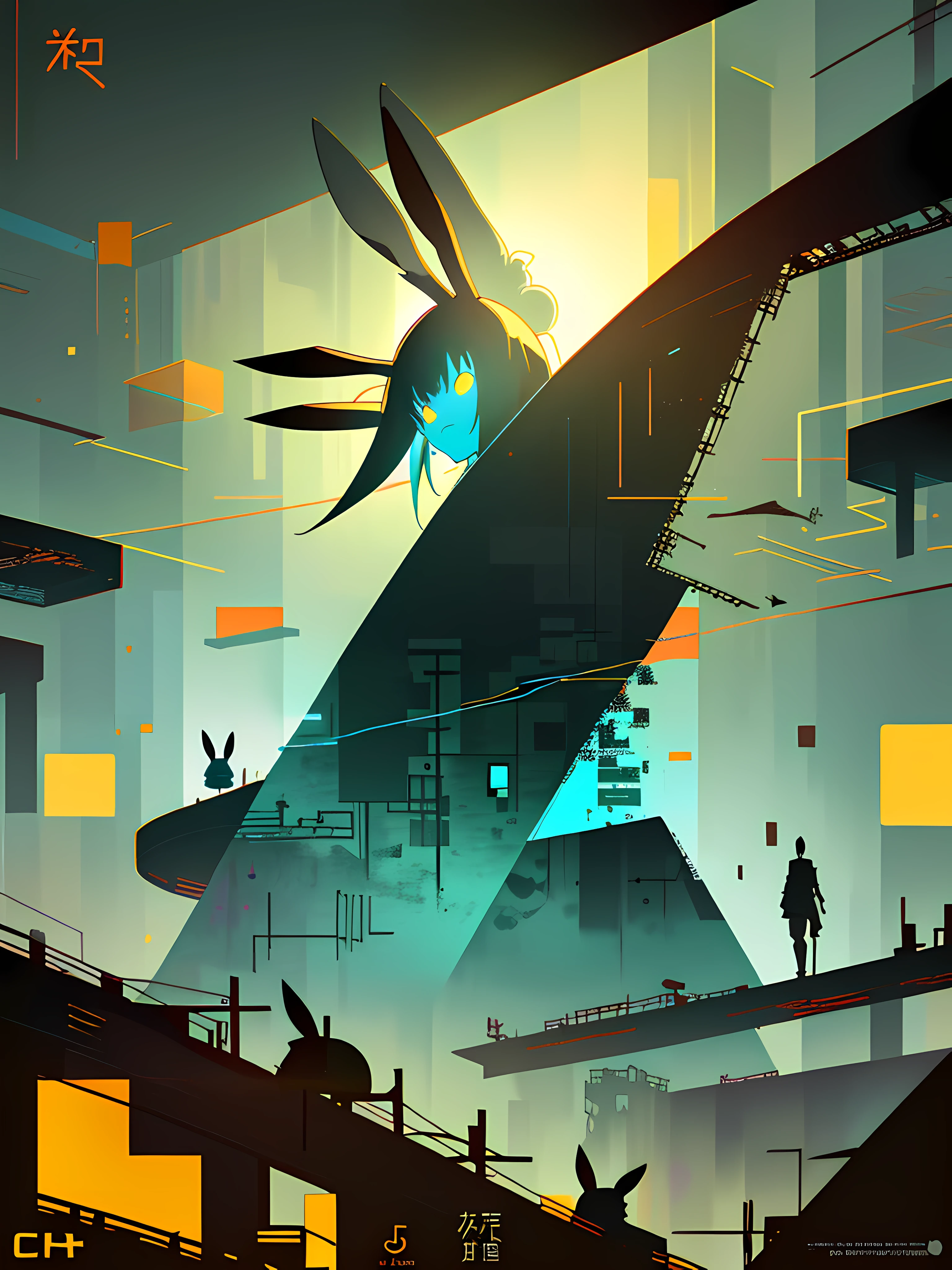 (blame! style abandoned tech landscape), (Zen, Amy Sol style), (underground, dark, foggy, perilous, abandoned dystopian apartment bedroom, deep windows), (abstract anthro rabbit figure wearing bunny ears), cover art with light abstraction, abstract, simple vector art, contemporary Cybernetic art, color gradients, soft color palettes, layered forms, whimsical animation, style Ethereal abstract, 4K, --v6