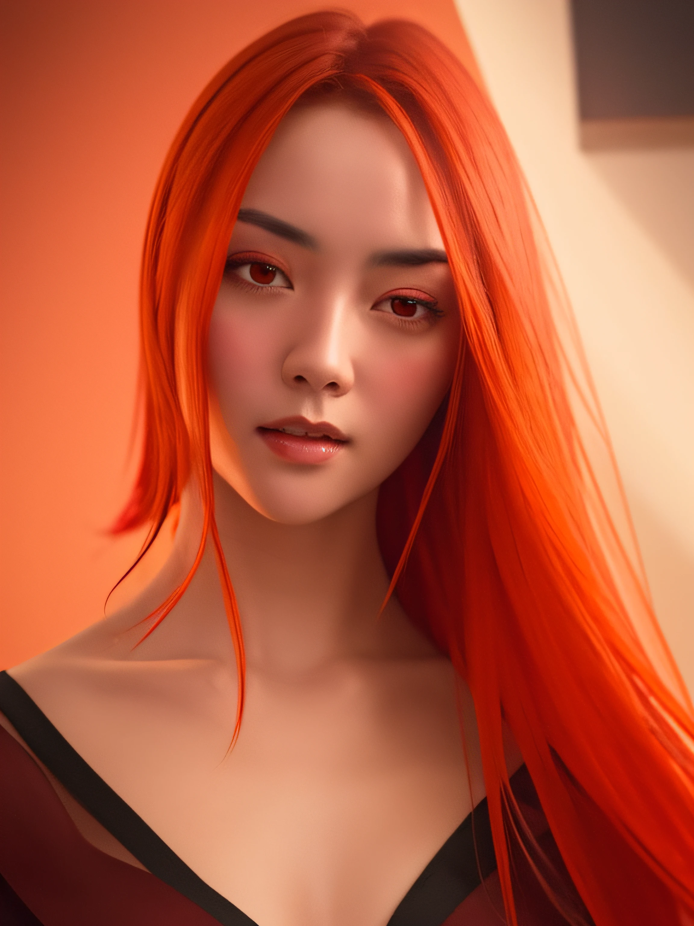 a close up of a beautiful woman with orange to red gradient hair, wearing dark red dress and tiara, expressionless face, beautiful,pretty, ((character painting)),artistic, guweiz, artwork in the style of guweiz, red haired deity, by Yang J, epic exquisite character art, stunning character art, by Fan Qi, by Wuzhun Shifan, guweiz on pixiv artstation, fiery red mystical background, red backlighted,high contrast