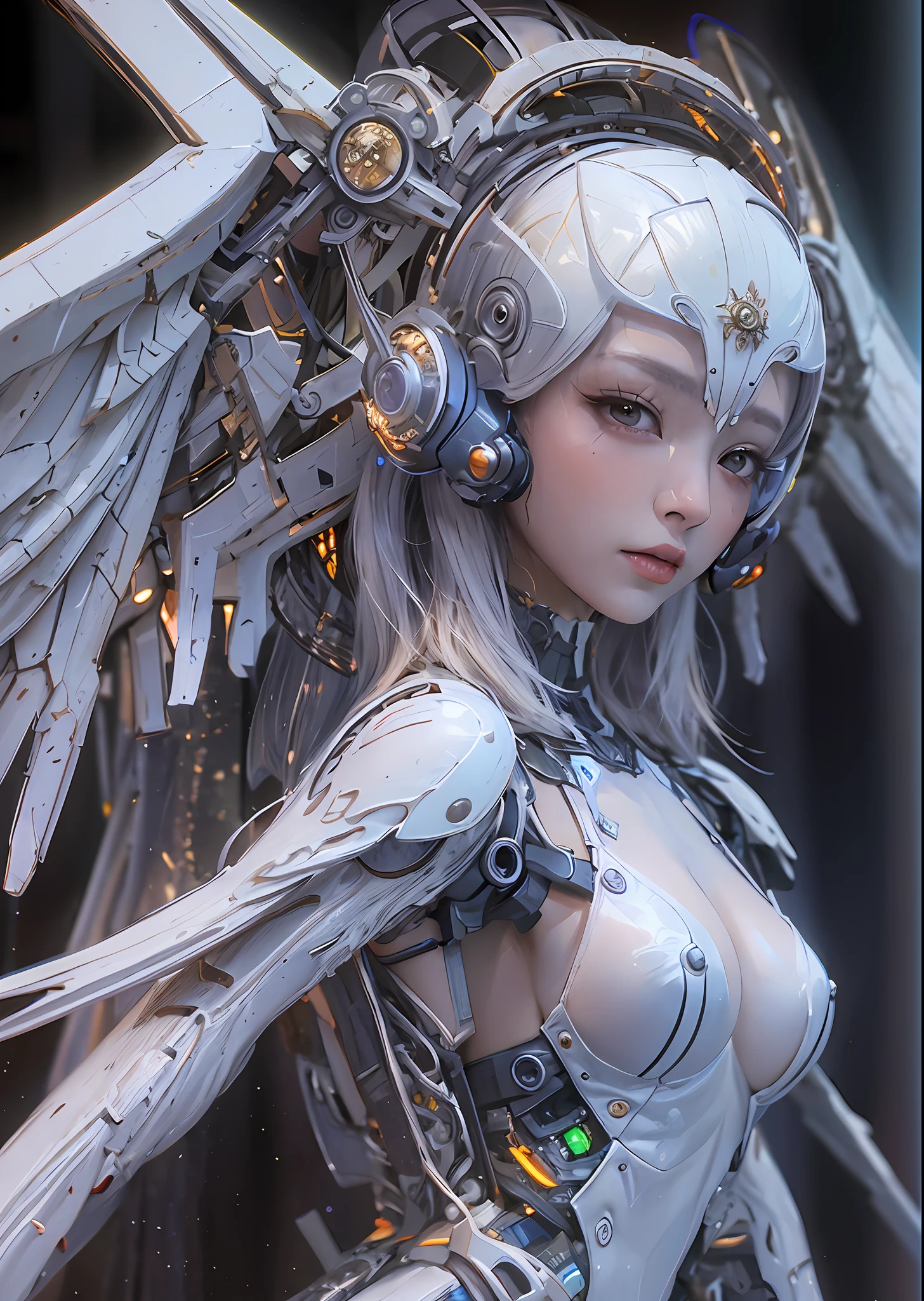 top-quality、​masterpiece、超A high resolution、(Photorealsitic:1.4)、Raw photo、Cyborg Angel、large wings made of metal、White porcelain body、white  hair、glowy skin、1 Cyborg Girl、((super realistic details))、portlate、globalillumination、Shadow、octan render、8K、ultrasharp、character edge light,Colossal tits、Raw skin is exposed in cleavage、Details of complex ornaments、Acrylic Clear Parts Cover、Detailed hydraulic cylinders from Sumer、Small LED lamp、highly intricate detail、Realistic light、a purple eye、radiant eyes、Facing the camera、neon details、cowboy  shot、Futuristic headgear、About Cyberpunk、、