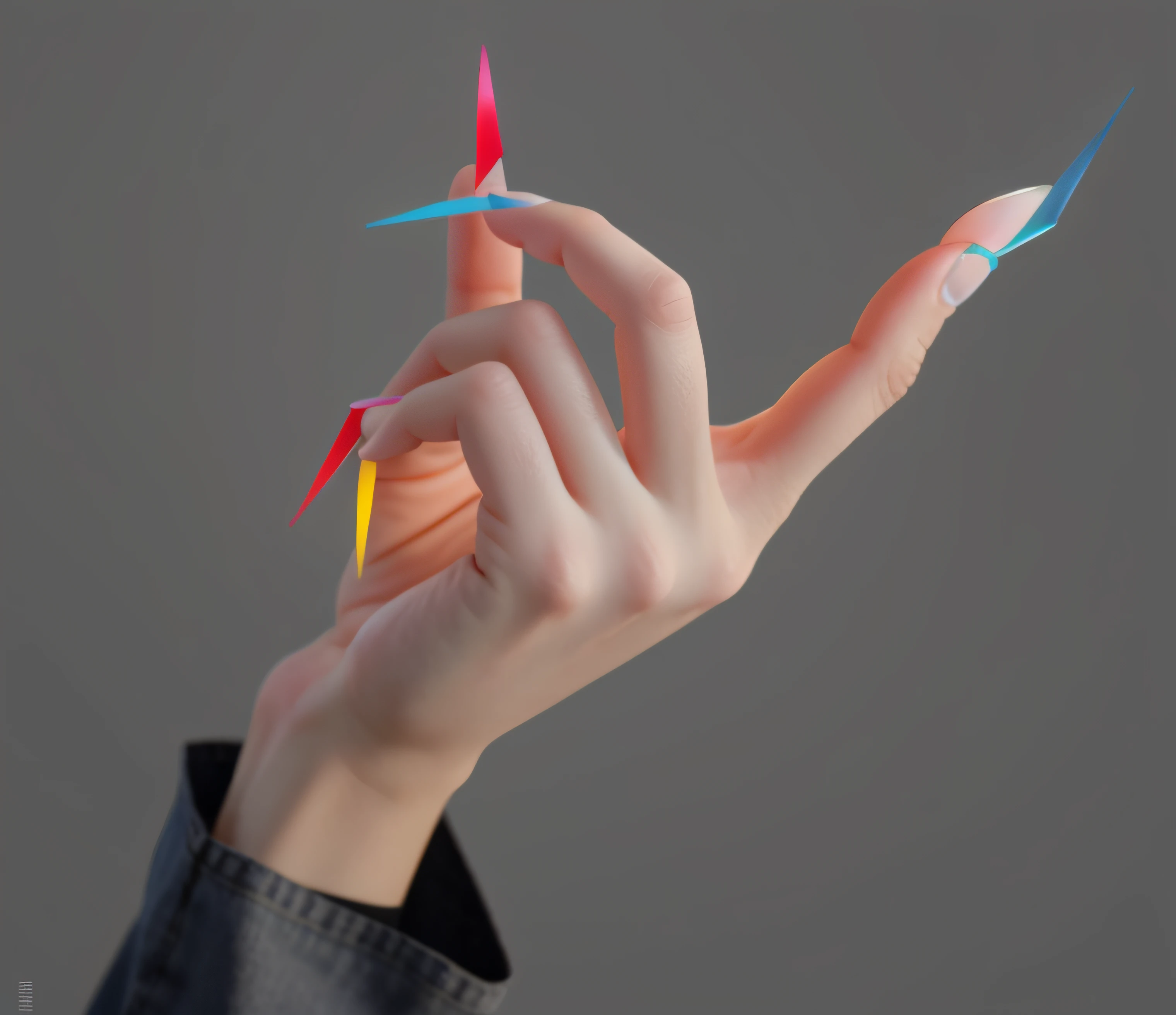 Pretty hands, colorful nails, bloom, ((cold light)), sharp focus, photo realistic, detailed skin, background out of focus, cinematic composition , ultra-detailed, realistic , hyper-realistic , volumetric lighting, 8k, trending on artstation