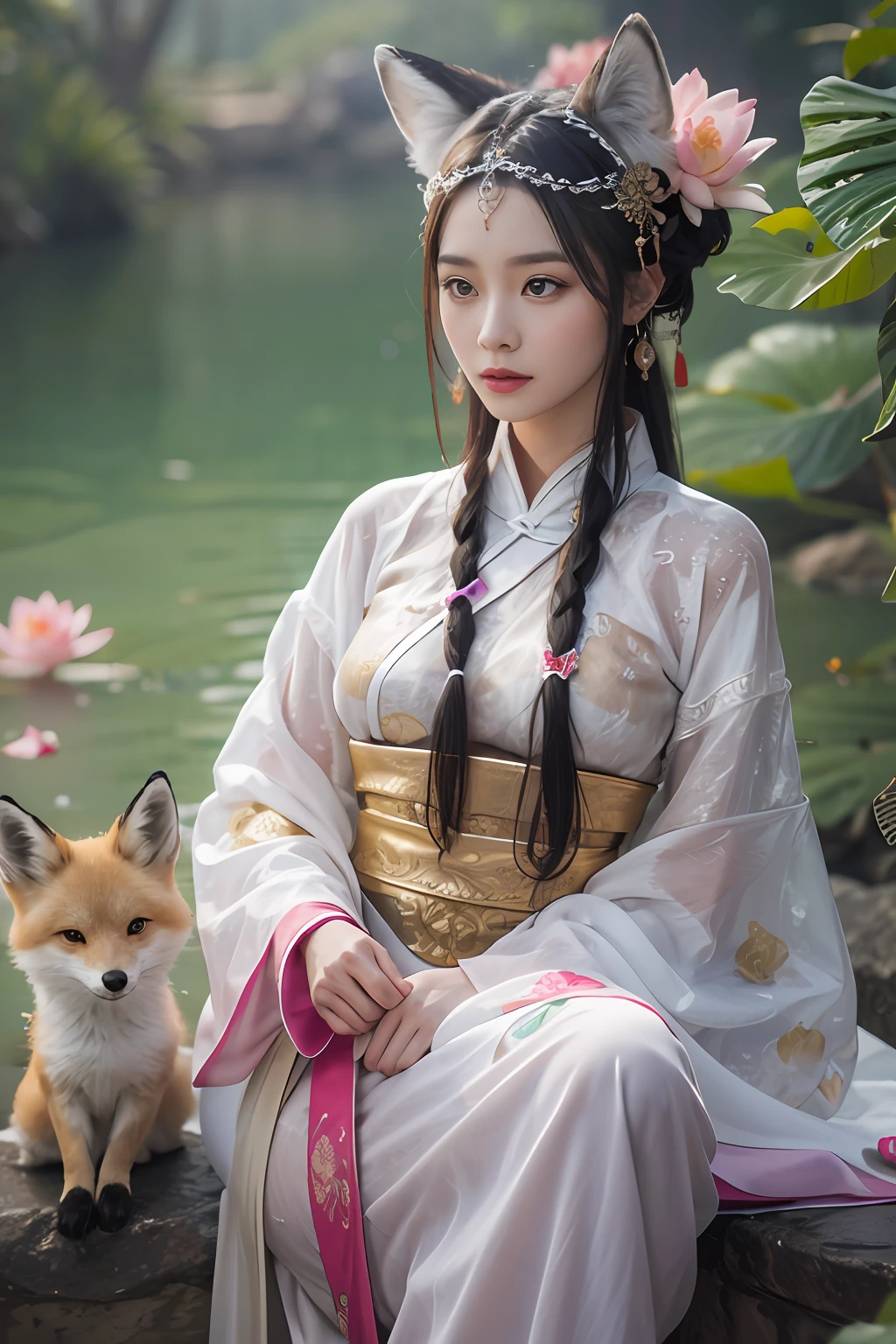 Ancient Chinese beauties sit on stones,(The beauty has fox ears on her head:1.6),(Cocked buttocks,Raised sexy,big breasts beautiful,perfect hourglass figure:1.3),wearing ancient Chinese costume,Flowing tulle,Light silk,Lazy posture,Feminine laughter,Next to it is a small white fox,large lotus leaf,lotuses,clean color,Decisive cut,Leave white space,impressionistic,tmasterpiece,ultra-detailliert,Clear facial features,Epic composition, high-quality photo, HighestQuali, 4K