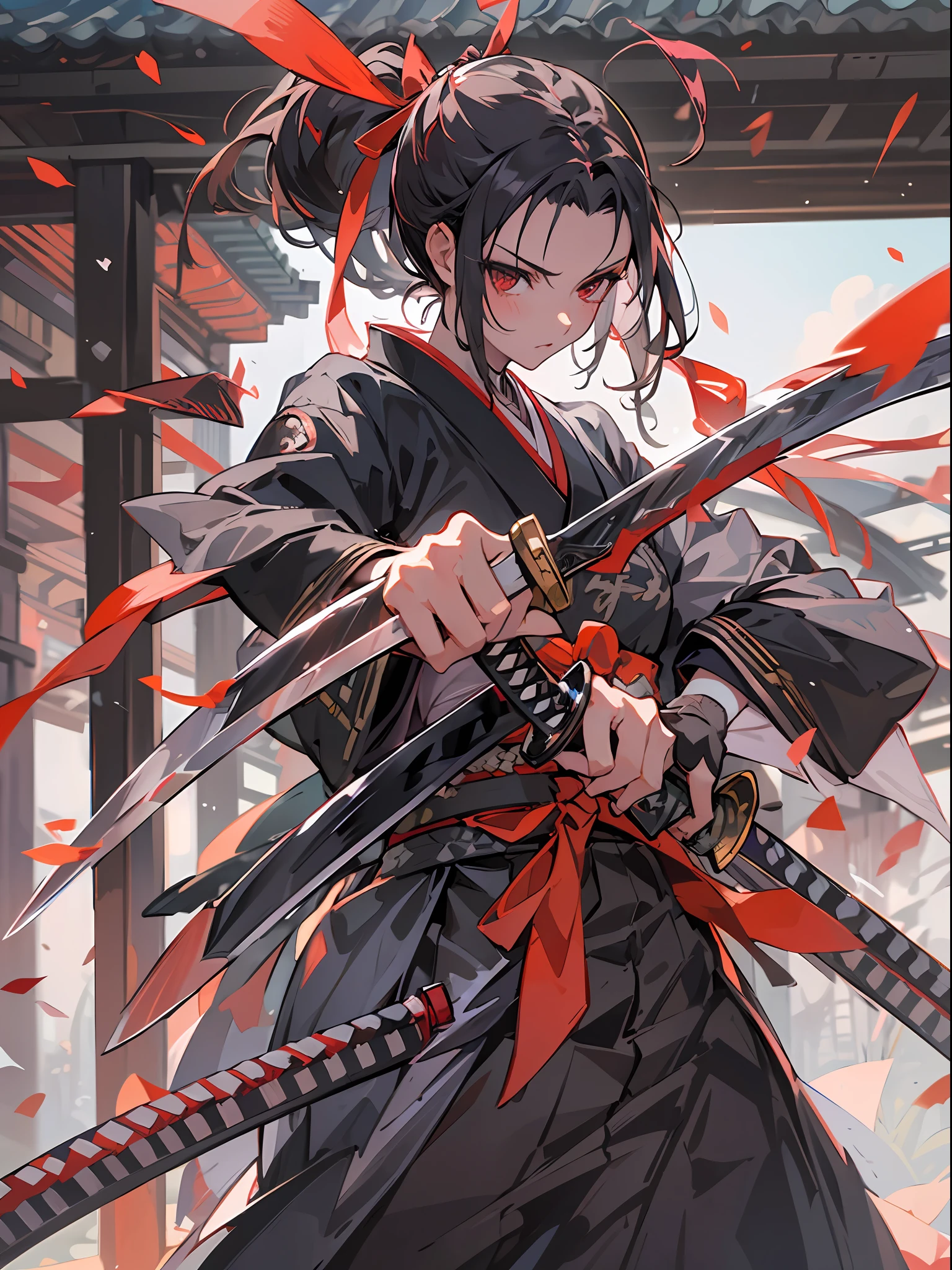 ​master piece,hyper quality, Hyper Detailed,Perfect drawing,Solo, Beautiful Girl, Samurai wielding a sword, Black ponytail, Hair tied up with a large red ribbon, Equipped with two Japan swords 、open stance, Dynamic Action Pose,