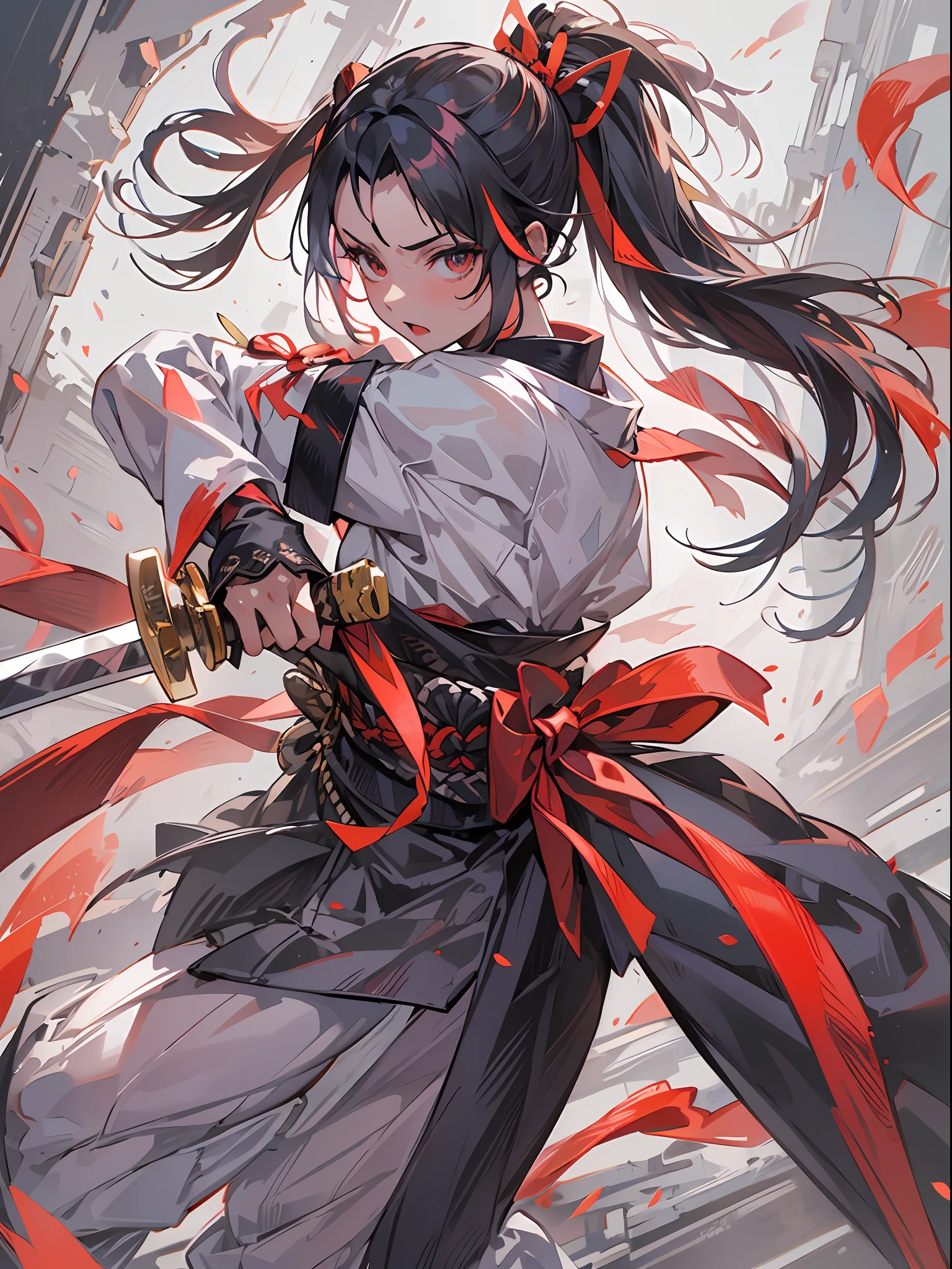 ​master piece,hyper quality, Hyper Detailed,Perfect drawing,Solo, Beautiful Girl, Samurai wielding a sword, Black ponytail, Hair tied up with a large red ribbon, Equipped with two Japan swords 、open stance, Dynamic Action Pose,